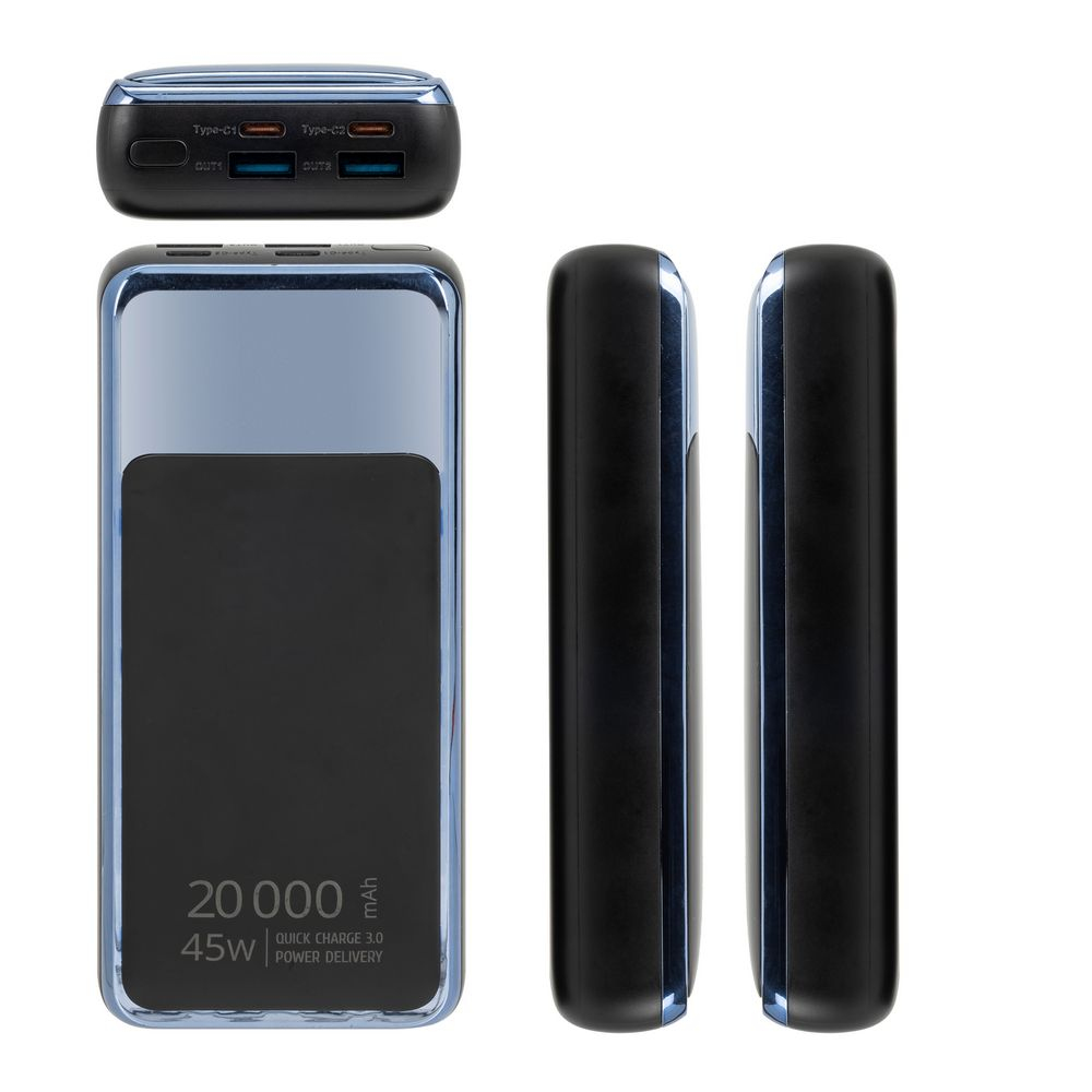 Czarny i niebieski power bank z wieloma widokami, pokazujący porty i specyfikacje.