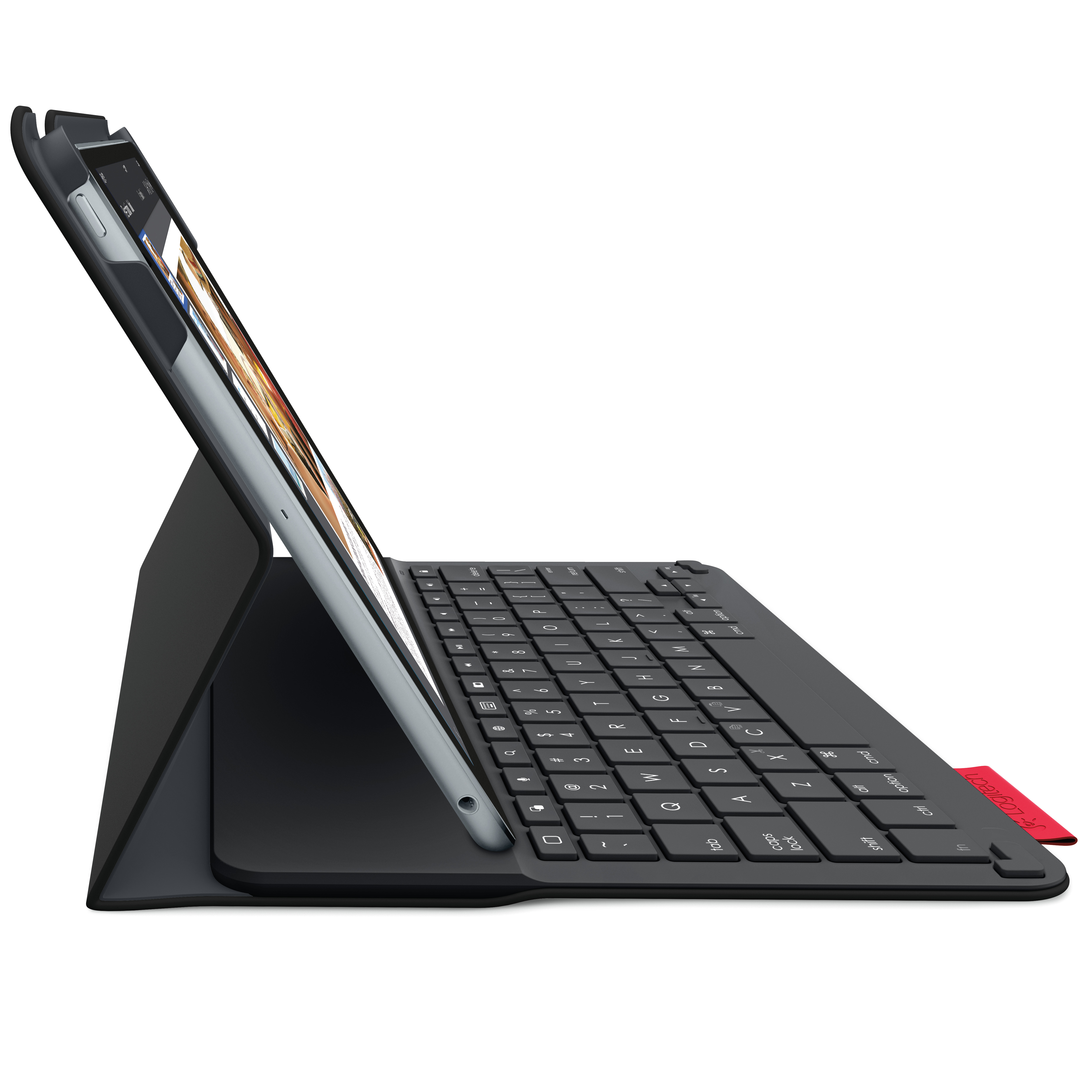 Tablet mit Tastaturhülle, in Schwarz, auf weißer Oberfläche angewinkelt.