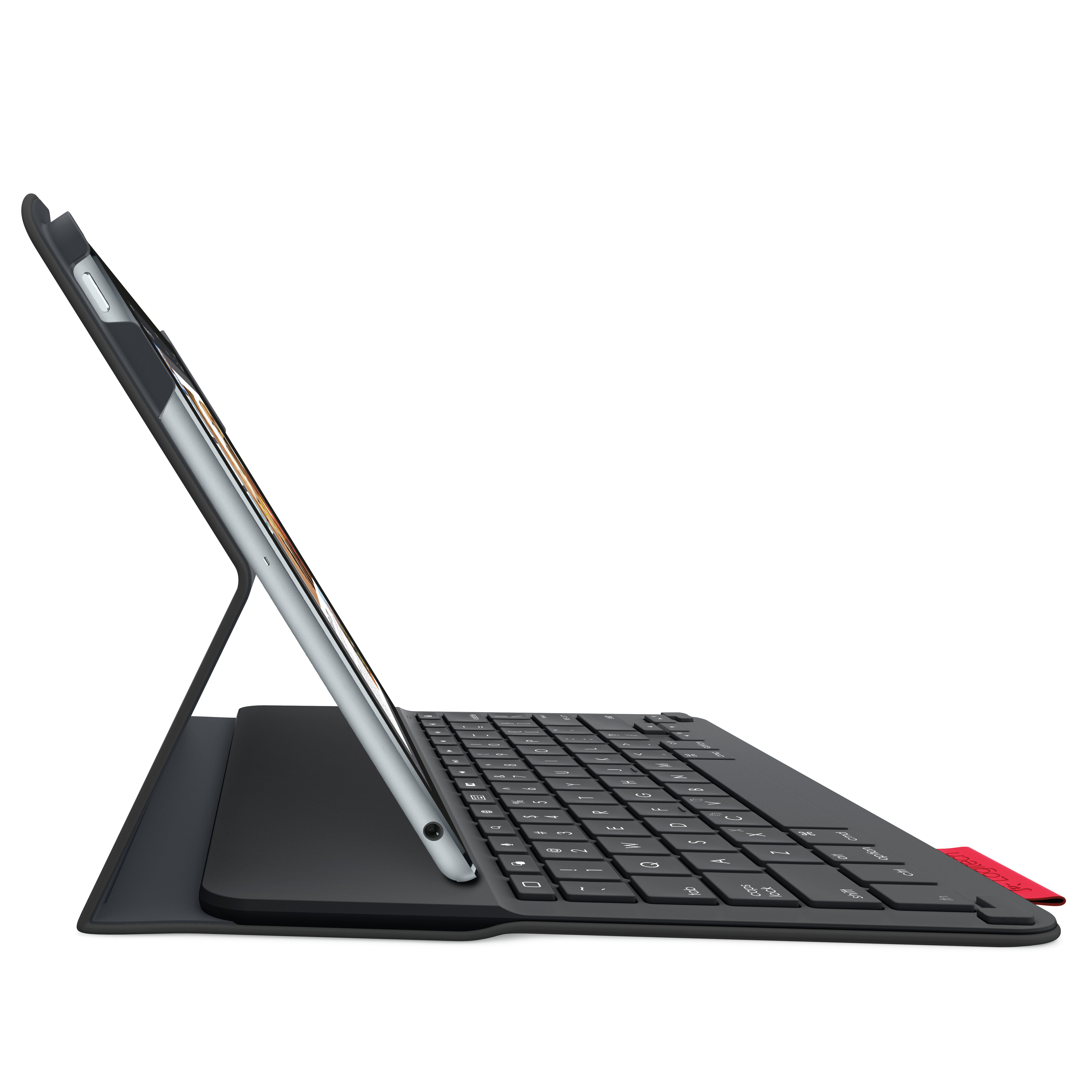 Seitenansicht einer geöffneten schwarzen iPad-Tastaturhülle. Der Bildschirm ist geneigt.