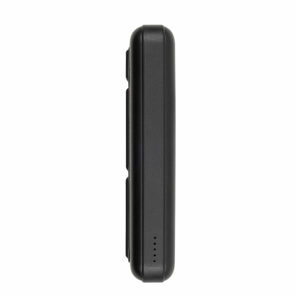 Batterie externe noire et rectangulaire. Elle a cinq petites lumières sur le côté.