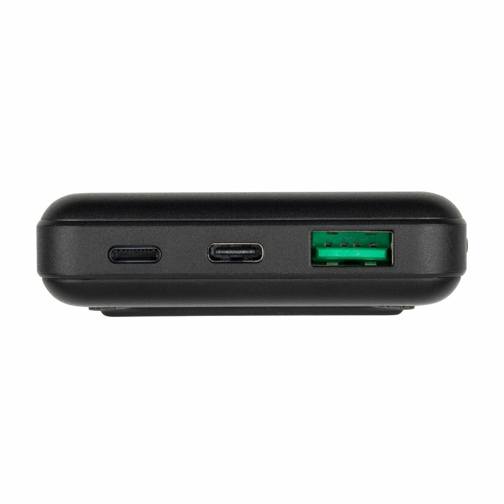 Chargeur portable noir avec ports USB, un port de charge rapide vert et un port USB-C.