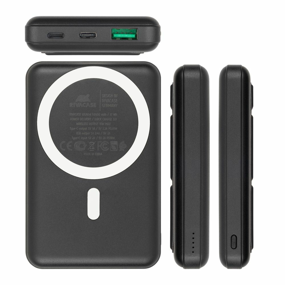 Batterie externe noire, différentes vues. Cercle blanc avec une ligne blanche sur le devant. Fond noir.