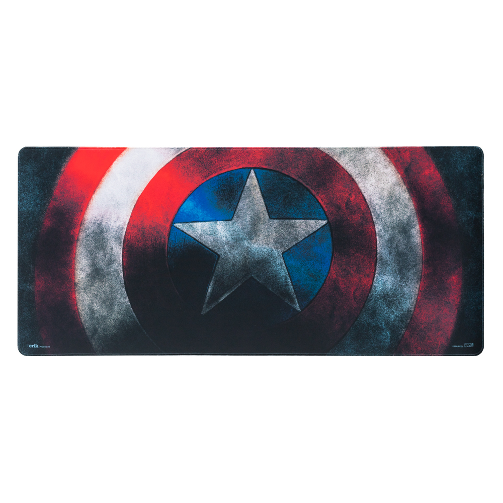 Ein Captain America Mauspads. Es hat ein Schilddesign mit roten, weißen und blauen Farben.