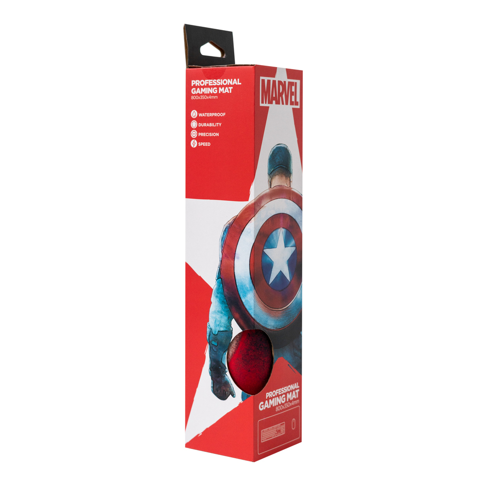 Eine Box mit einer Grafik von Captain America und Text über eine Gaming-Matte.