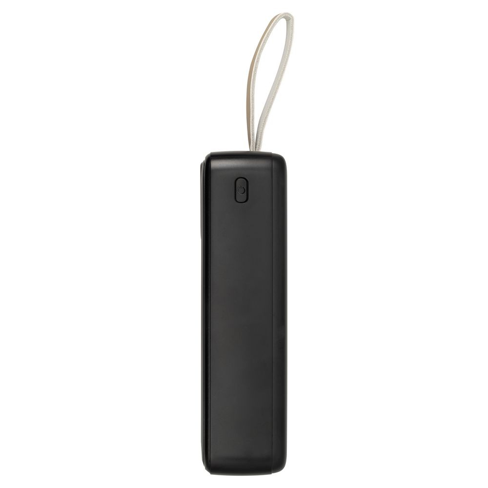 Schwarze Powerbank, Seitenansicht, mit Knopf und Schlaufe für einen Riemen.