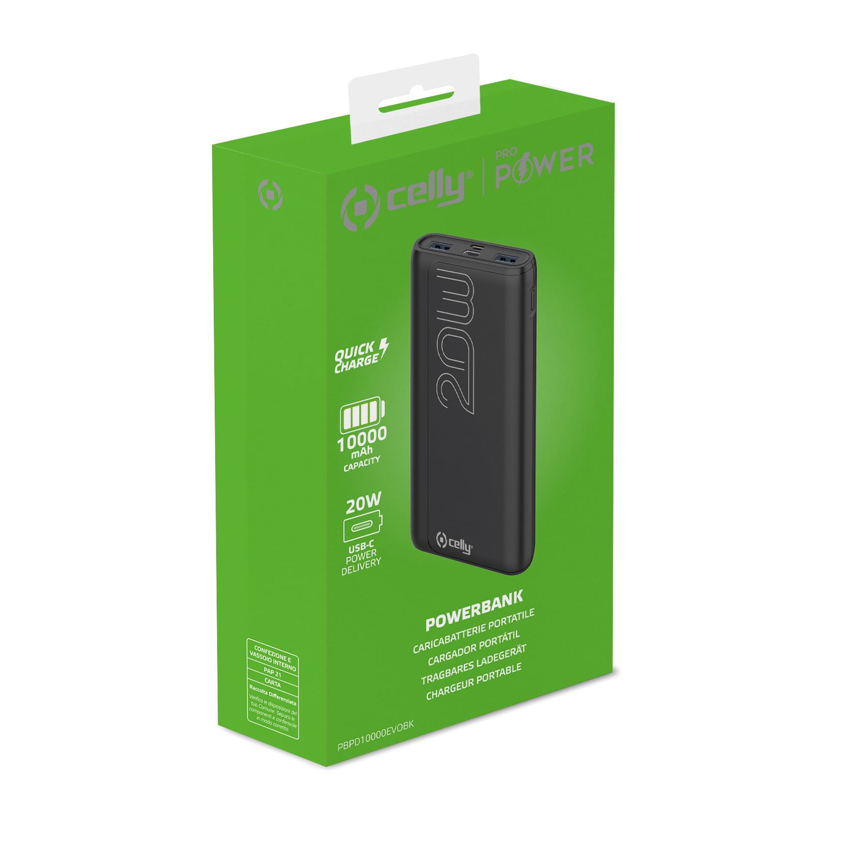 Power bank nero in scatola verde. Logo Celly.