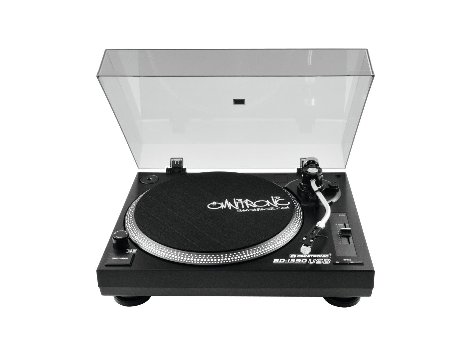 Tocadiscos negro con cubierta transparente. Con el logo Omnitronic.
