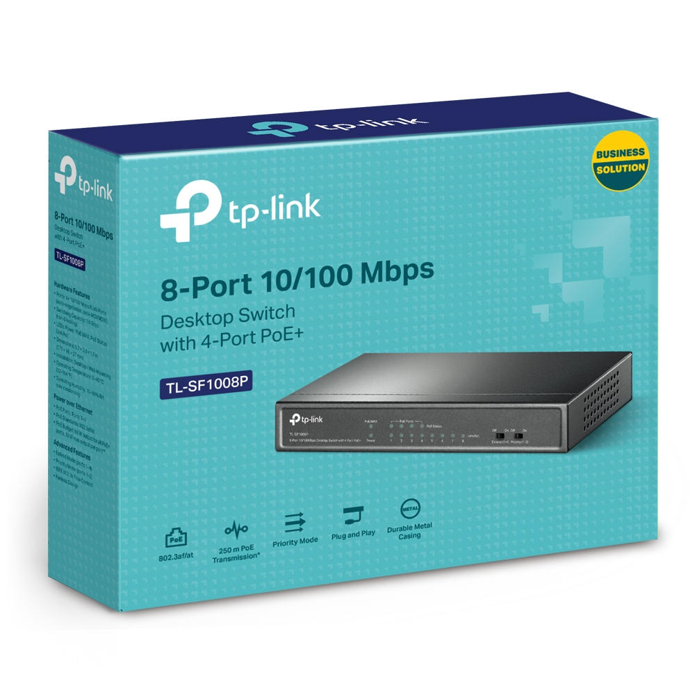 Ein tp-link Netzwerkswitch-Karton. Türkis, weiß und schwarz. Enthält Produktinformationen.