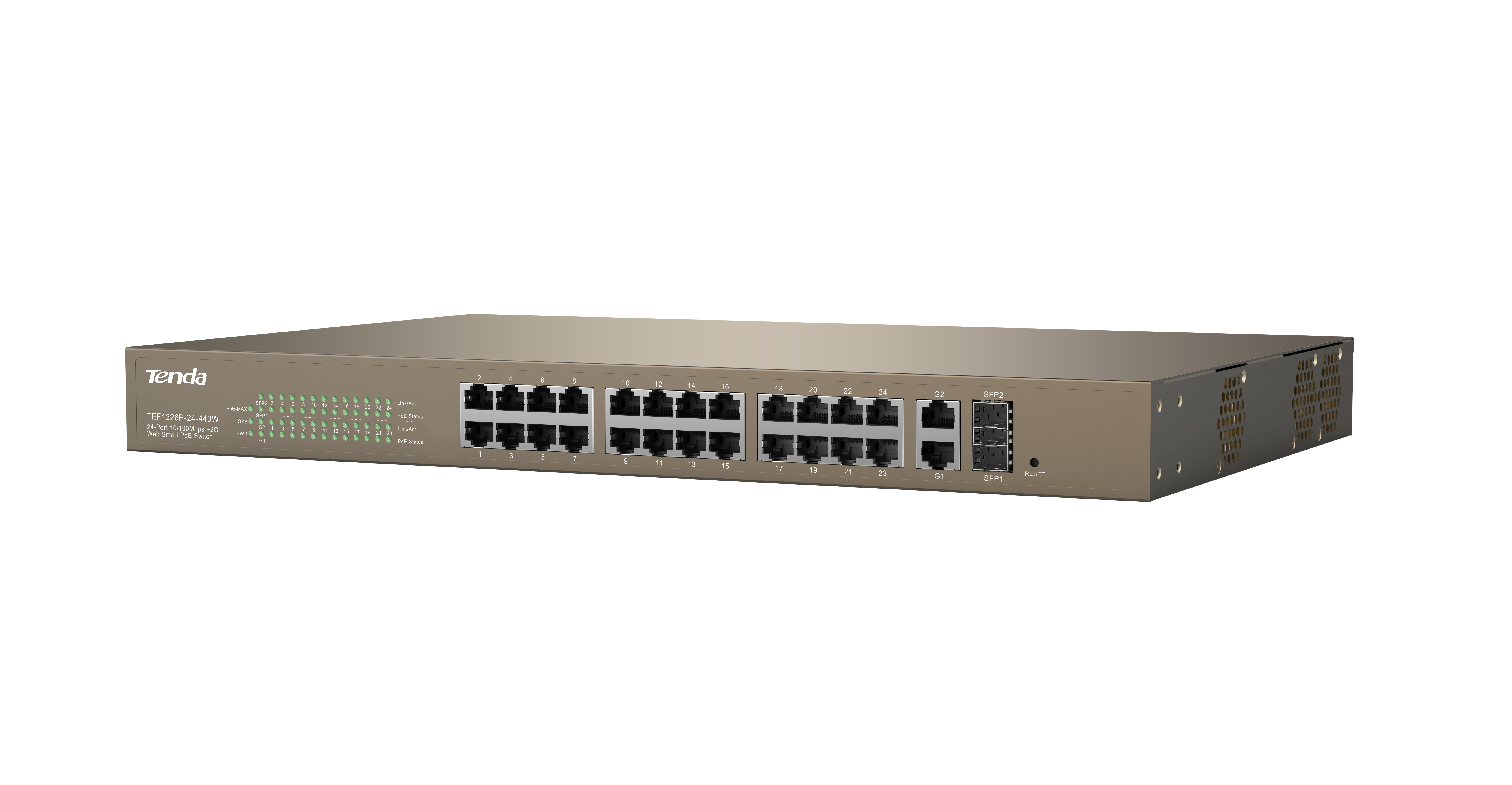 Uno switch di rete argento e grigio con più porte Ethernet su sfondo bianco.