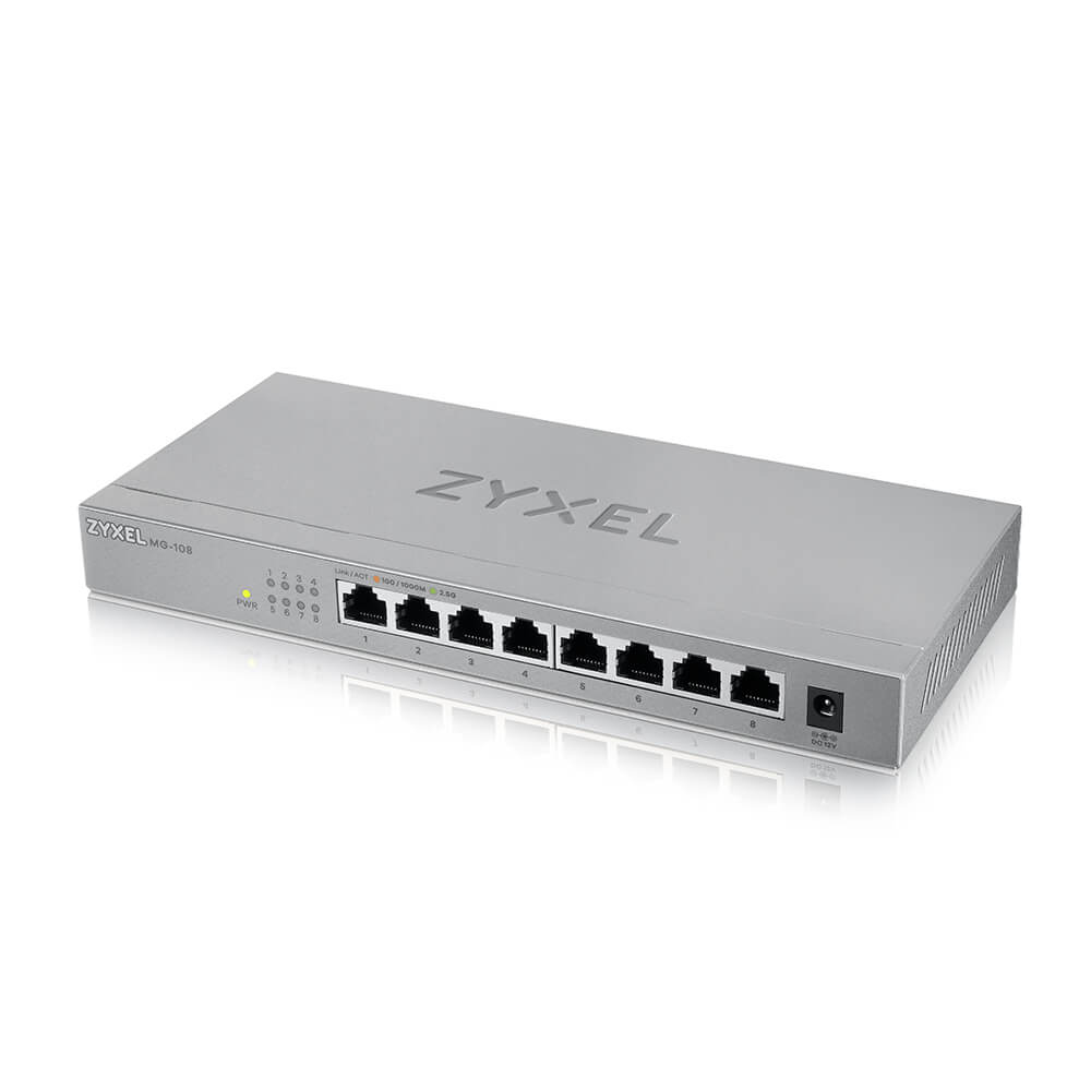 Uno switch ZyXEL MG-108 argento con porte e spie luminose.