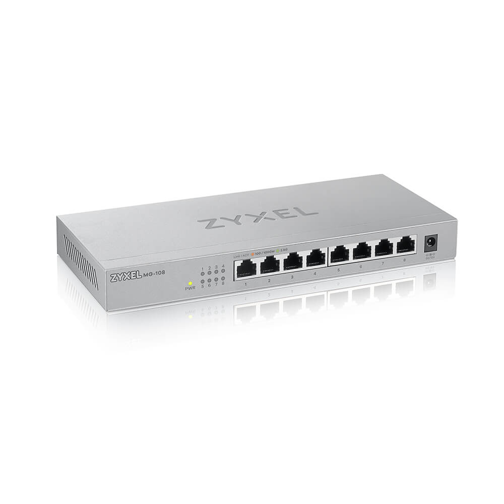 Uno switch di rete Zyxel argentato con più porte e spie su sfondo bianco.