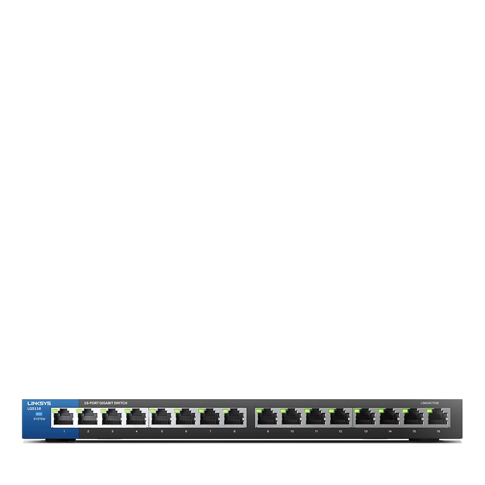 Uno switch Gigabit Linksys a 16 porte, nero con dettagli blu. Porte 1-16 e Sistema.