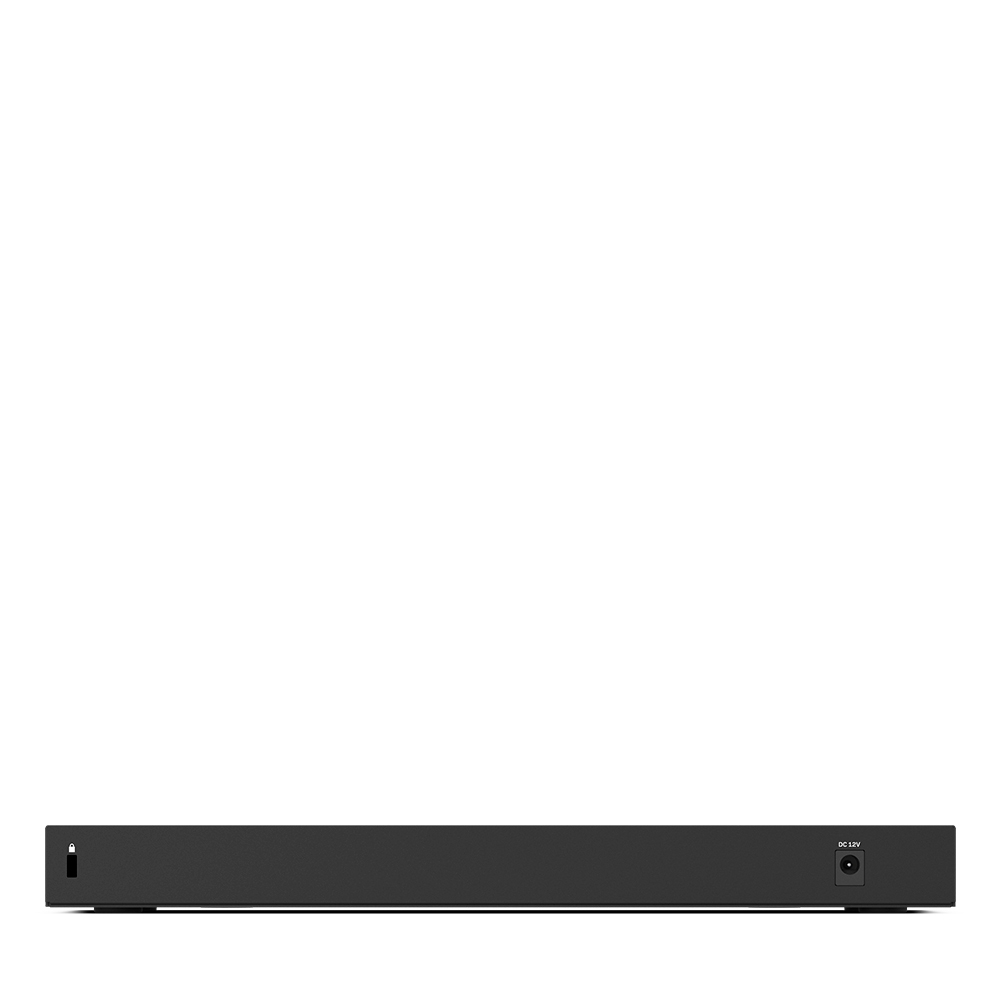 Dispositivo di rete nero con porta DC 12V e simbolo di blocco sul retro.
