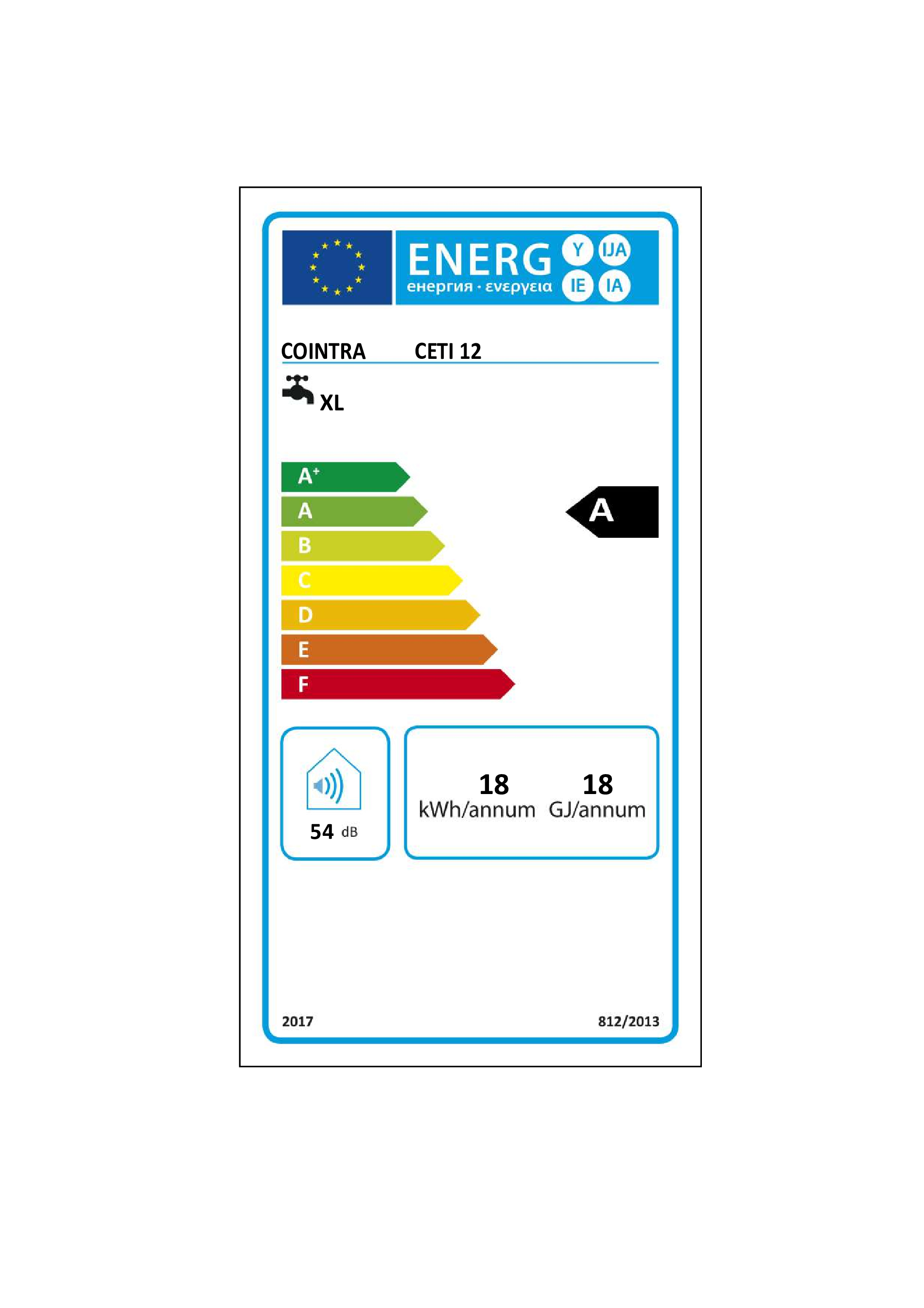 Etiqueta de eficiencia energética con barras coloridas y texto, que muestra detalles del consumo de energía.