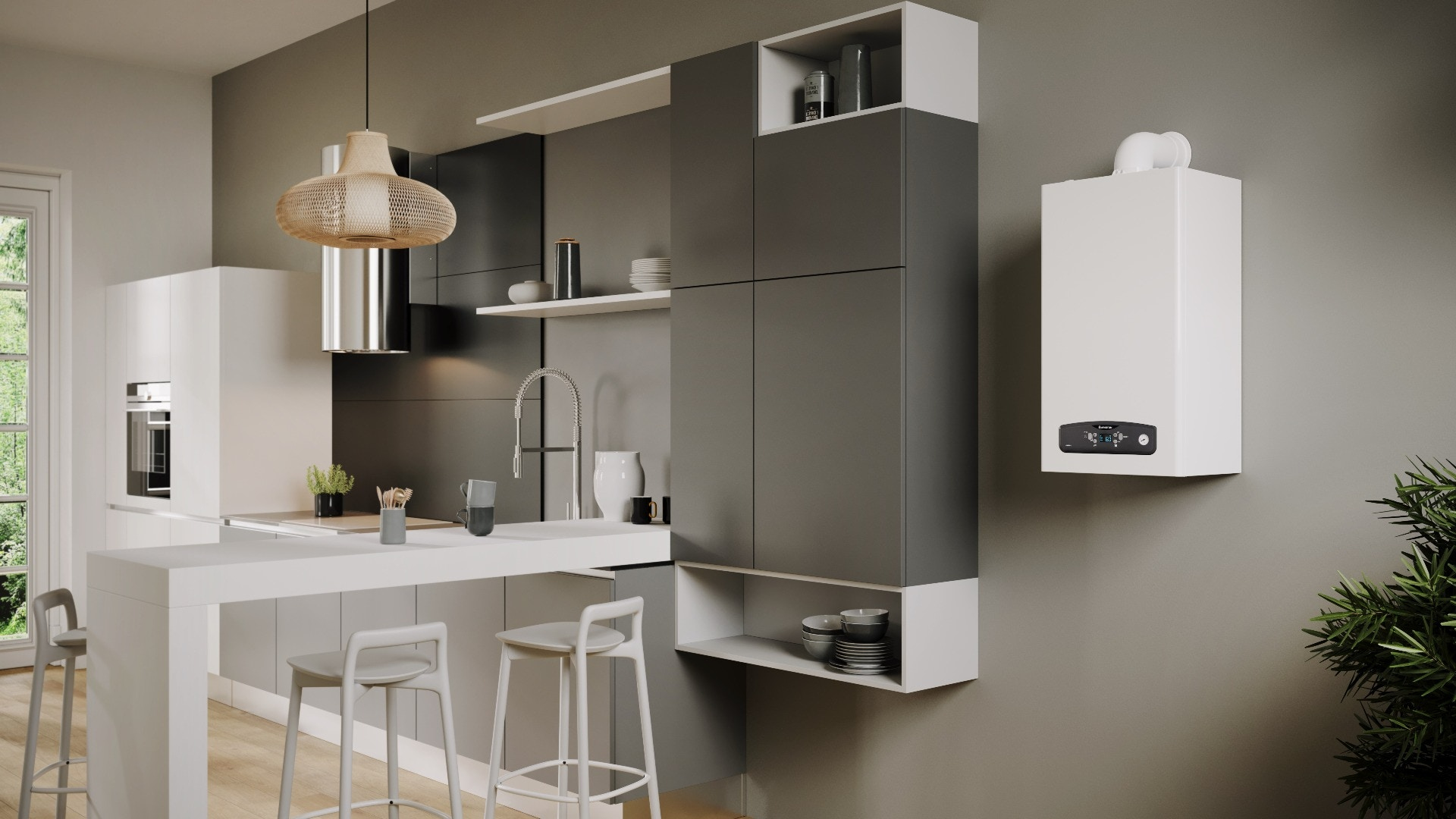 Una cocina moderna con gabinetes grises, encimeras blancas y un calentador de pared blanco.