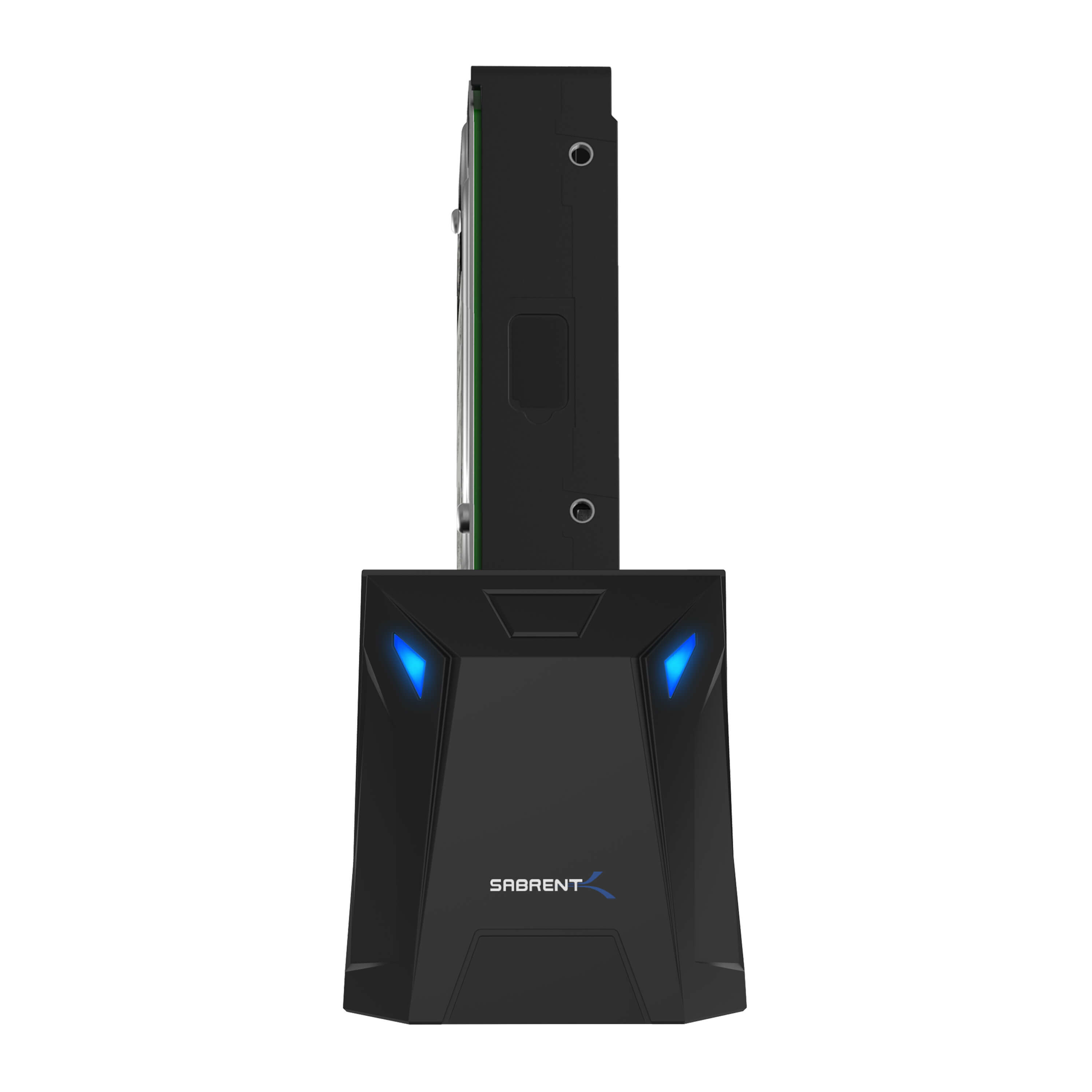 Schwarzes externes Festplattengehäuse. Das Gehäuse hat blaue Lichter an der Basis und den Markennamen.