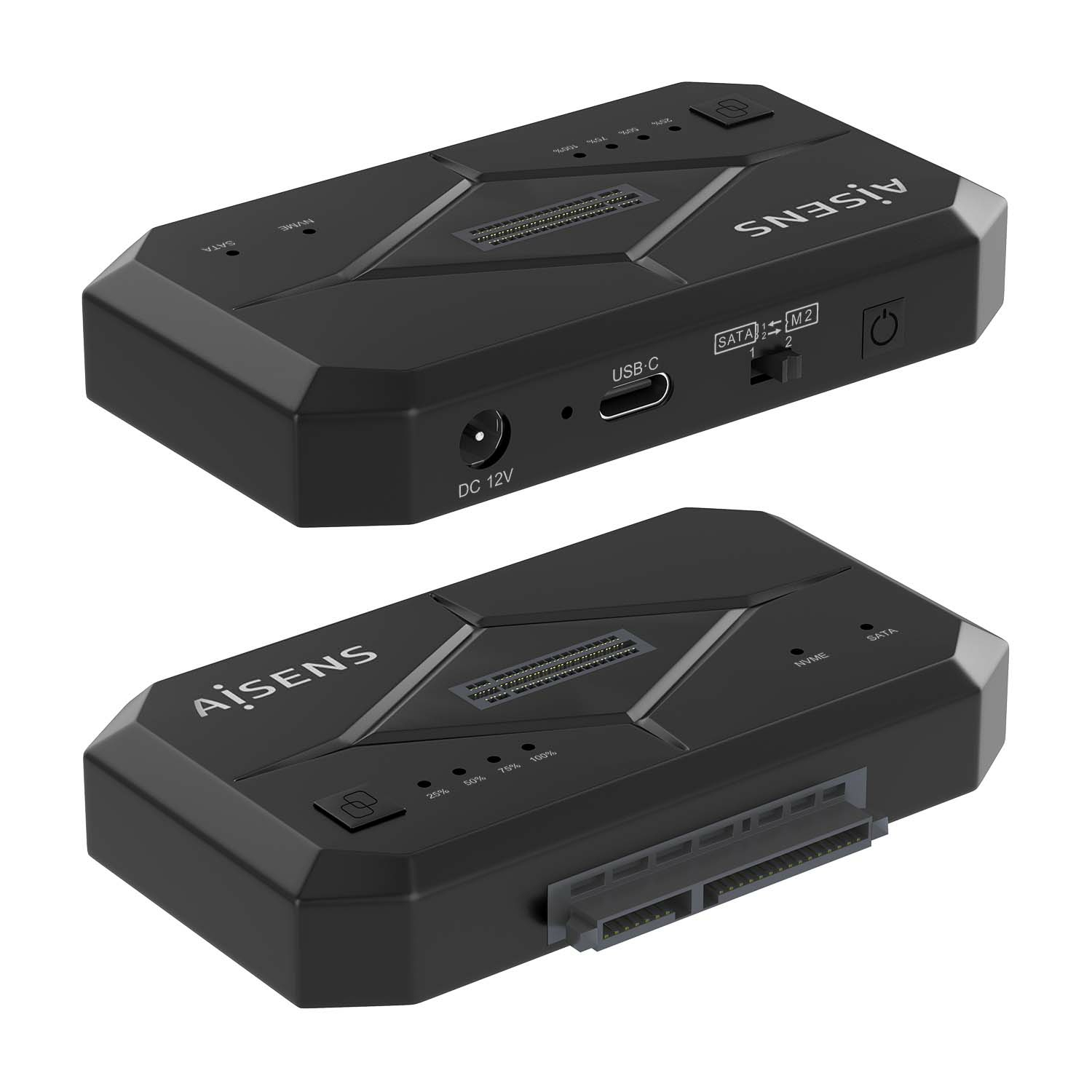 Schwarzes Gerät mit mehreren Anschlüssen, einschließlich USB-C, und Etiketten.
