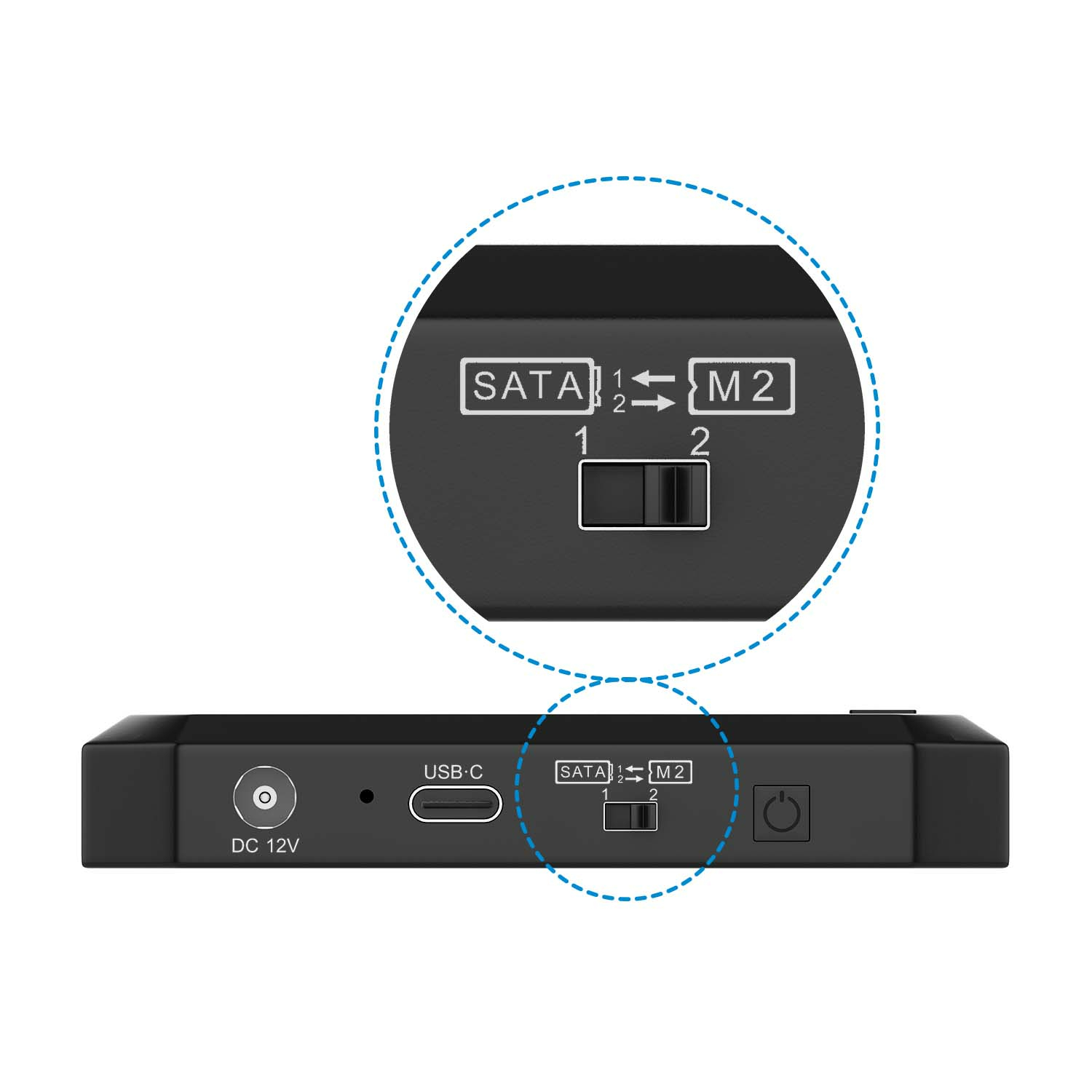 Schwarzes Gerät mit SATA- und M2-Steckplätzen, Schalter, USB-C-Anschluss und Ein/Aus-Taste. Nahaufnahme.