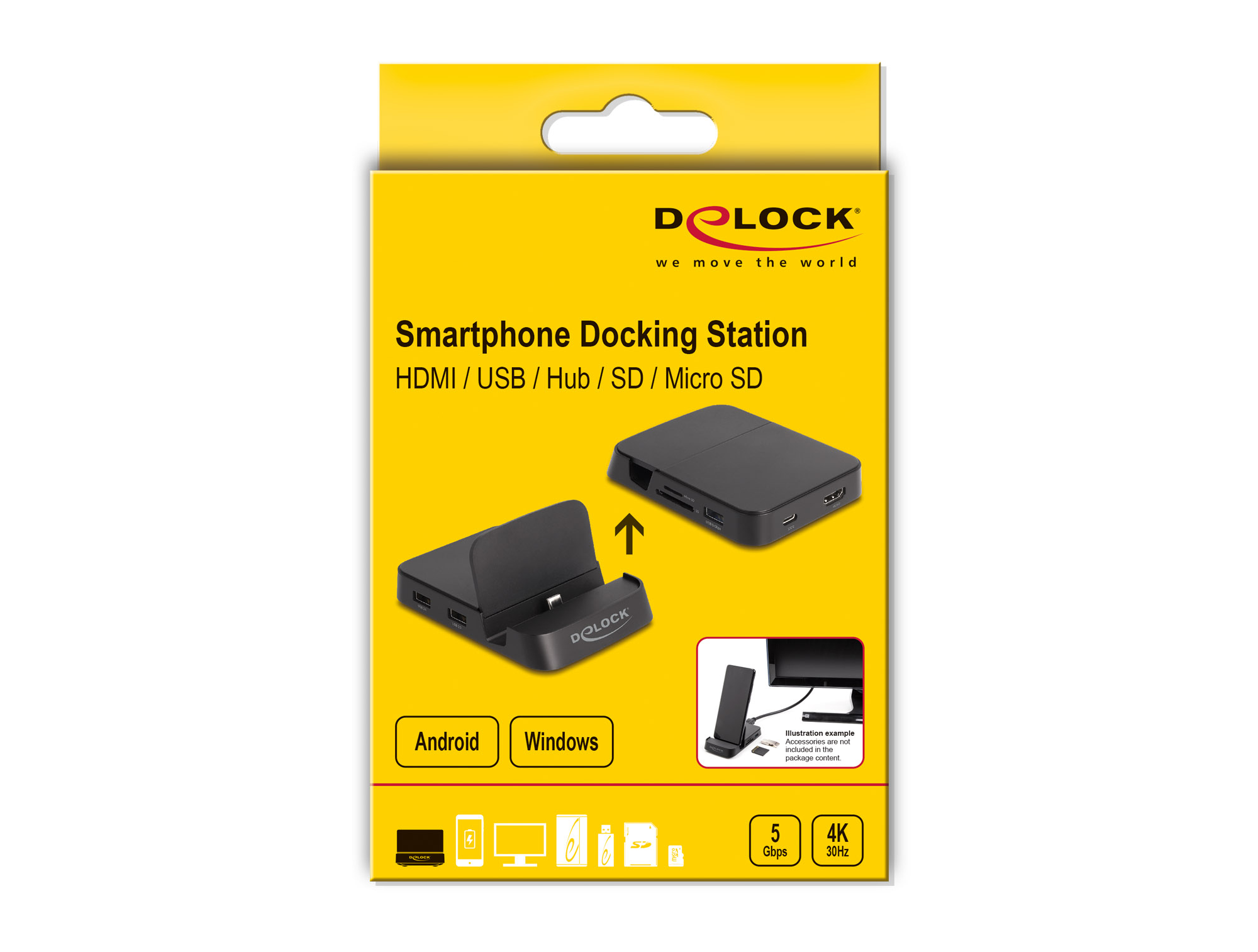 Verpackung für eine Smartphone-Dockingstation. Die Box zeigt eine Dockingstation und ein Smartphone.