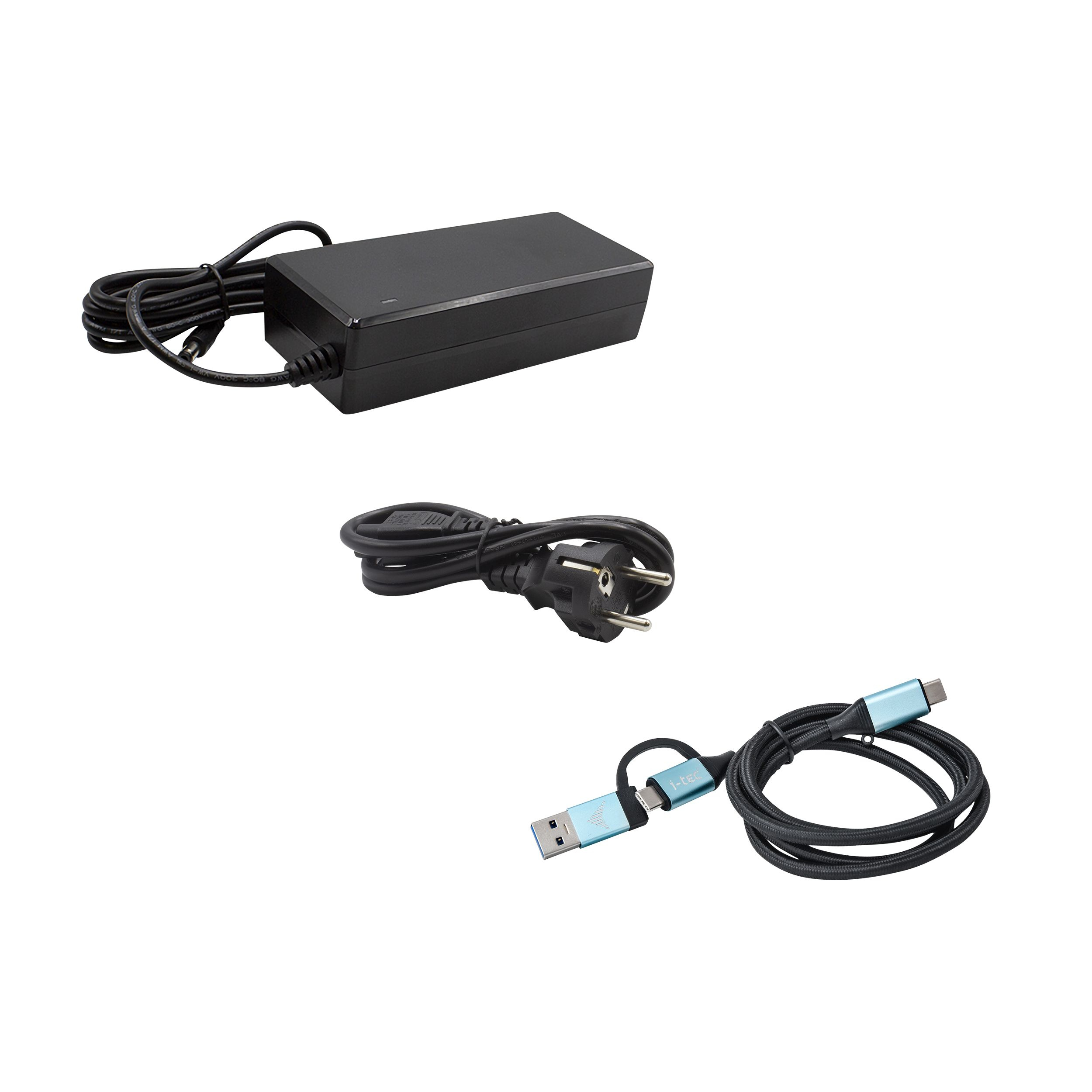 Schwarzes Netzteil, ein Netzkabel und ein USB-C-Kabel mit blauen Steckern.