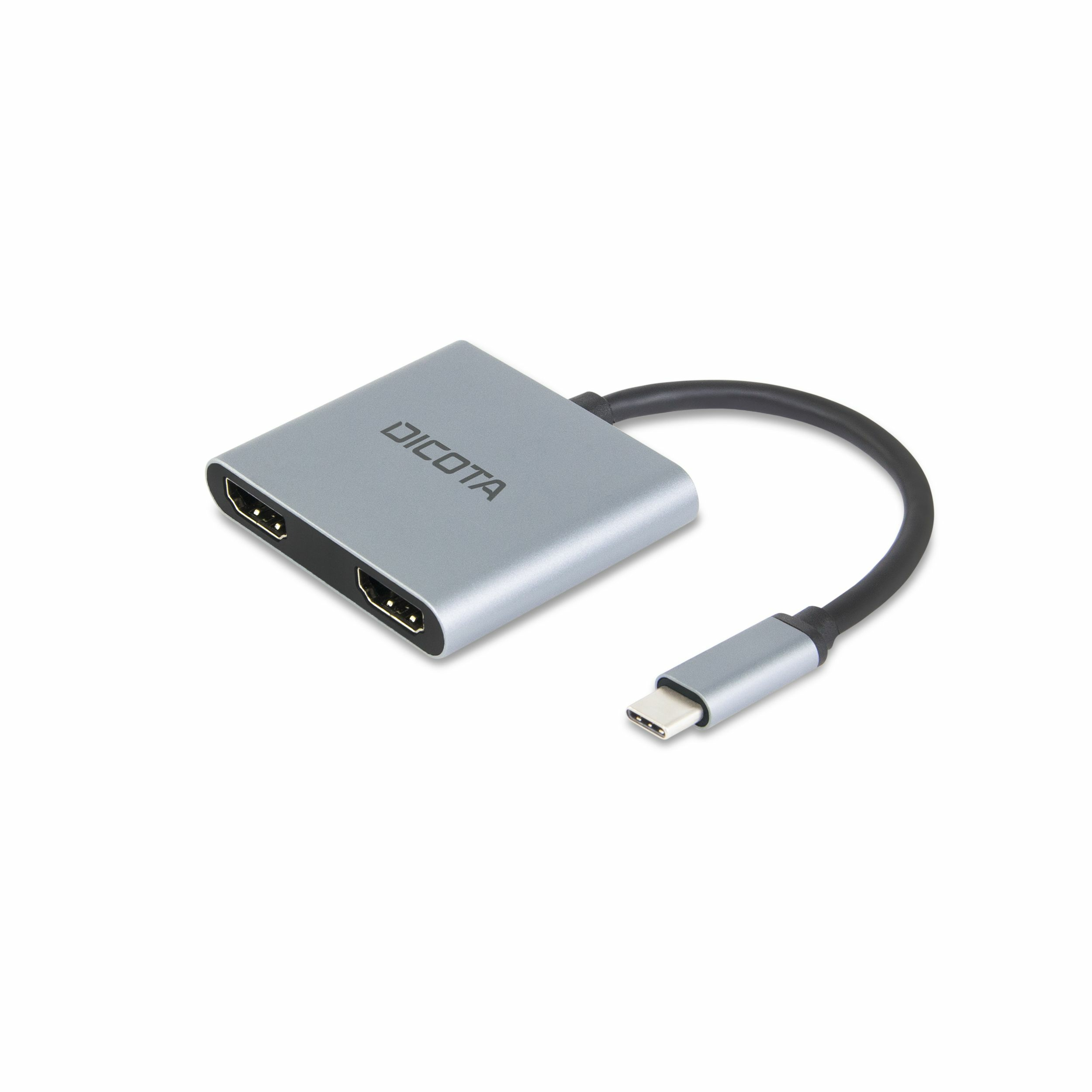 Silberner Dicota USB-C-auf-HDMI-Adapter mit schwarzem Kabel und USB-C-Anschluss.