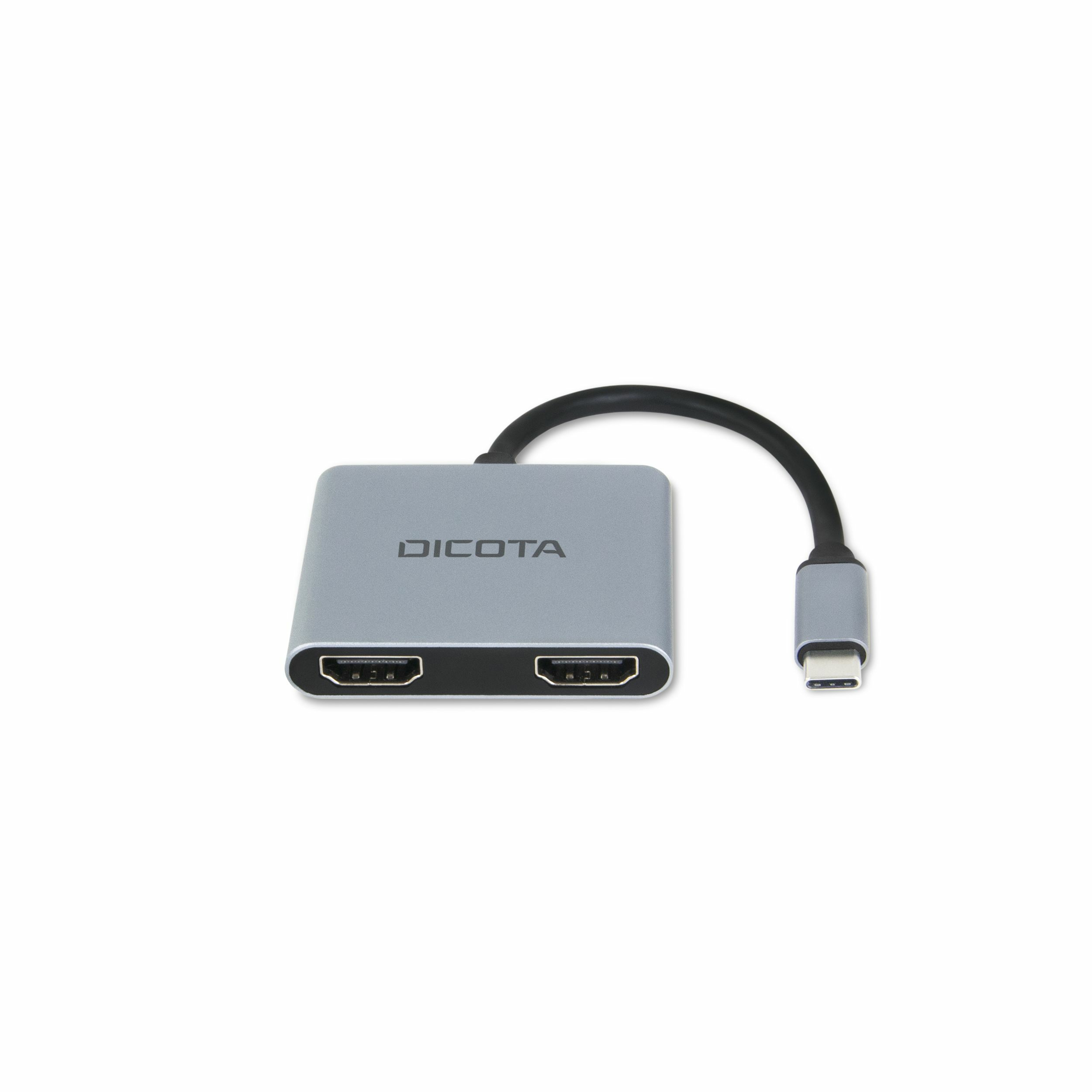 Ein silberner und grauer HDMI-Adapter mit einem schwarzen Kabel und einem USB-C-Anschluss auf weißem Hintergrund.