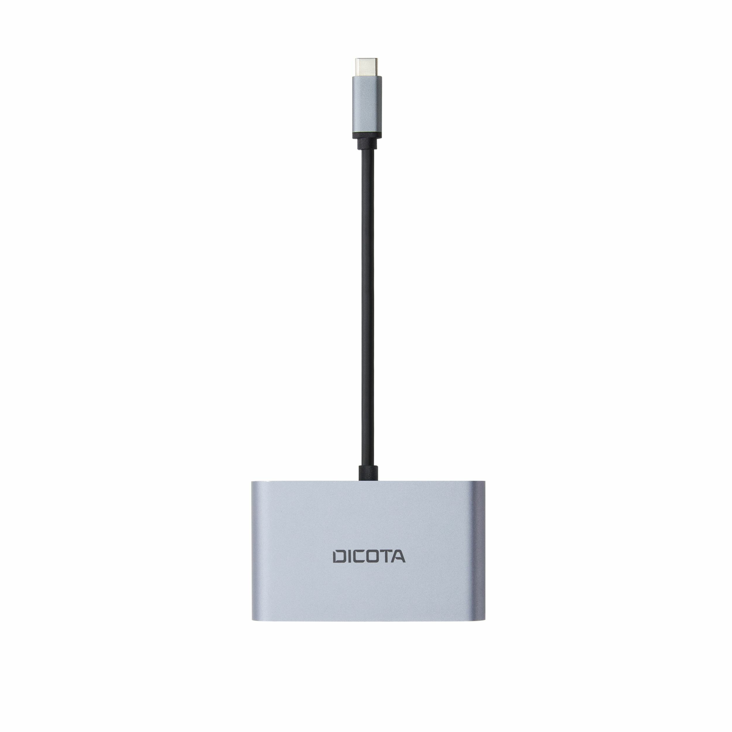 Silberner USB-C-Hub mit "DICOTA"-Aufdruck, schwarzes Kabel angeschlossen.