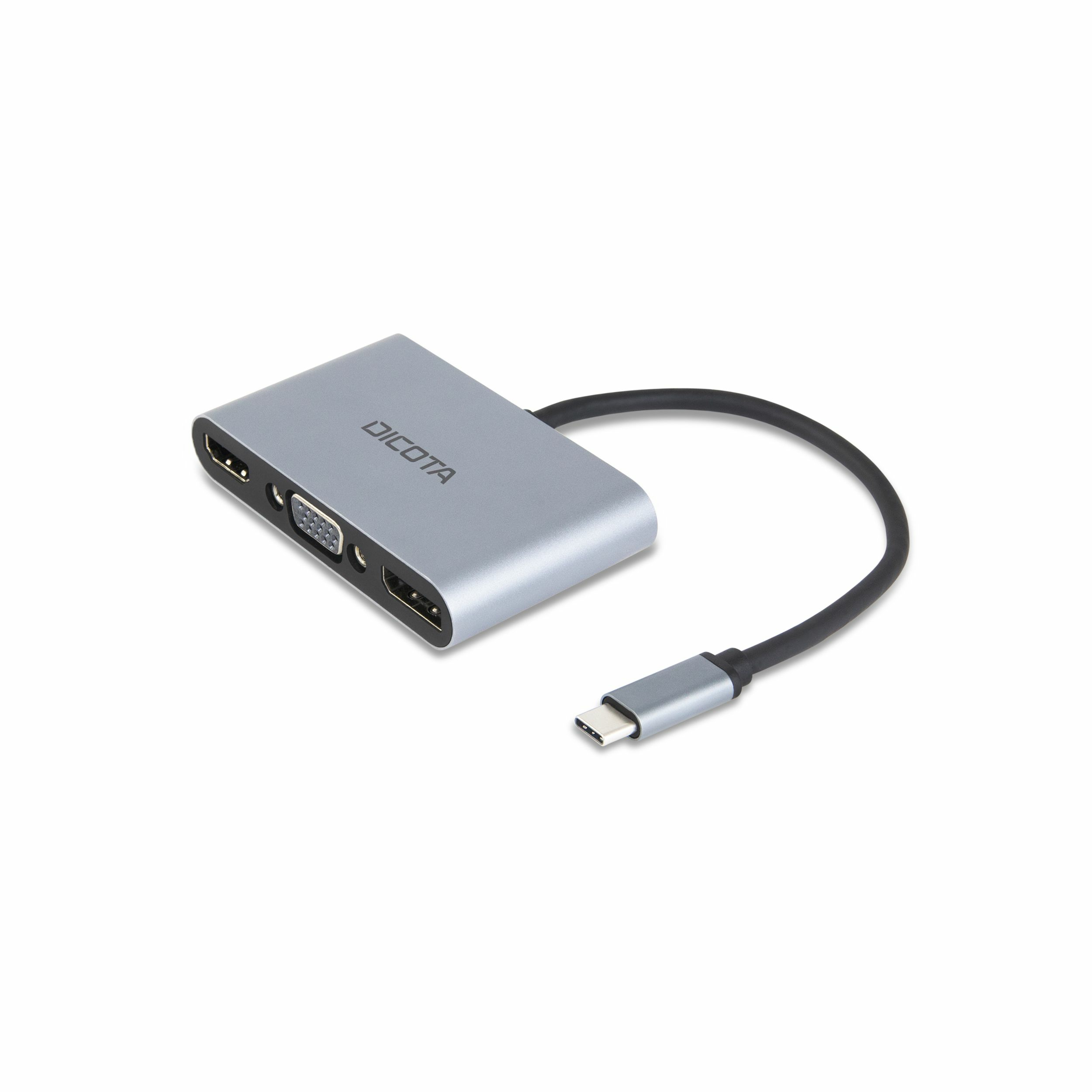 Grauer Dicota-Adapter mit HDMI-, VGA- und USB-C-Anschlüssen.