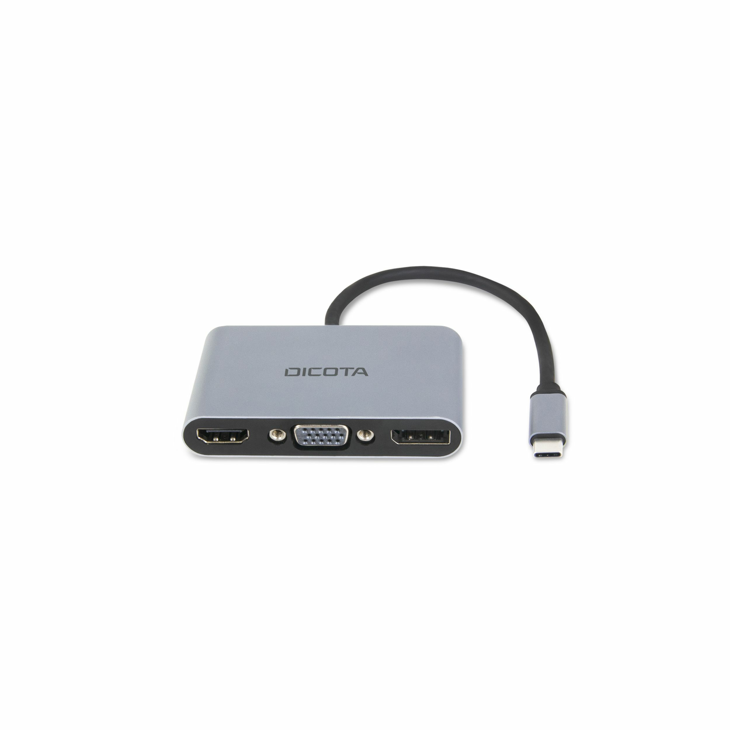 Ein grauer Dicota USB-C-Hub mit mehreren Anschlüssen, darunter HDMI, VGA und USB.