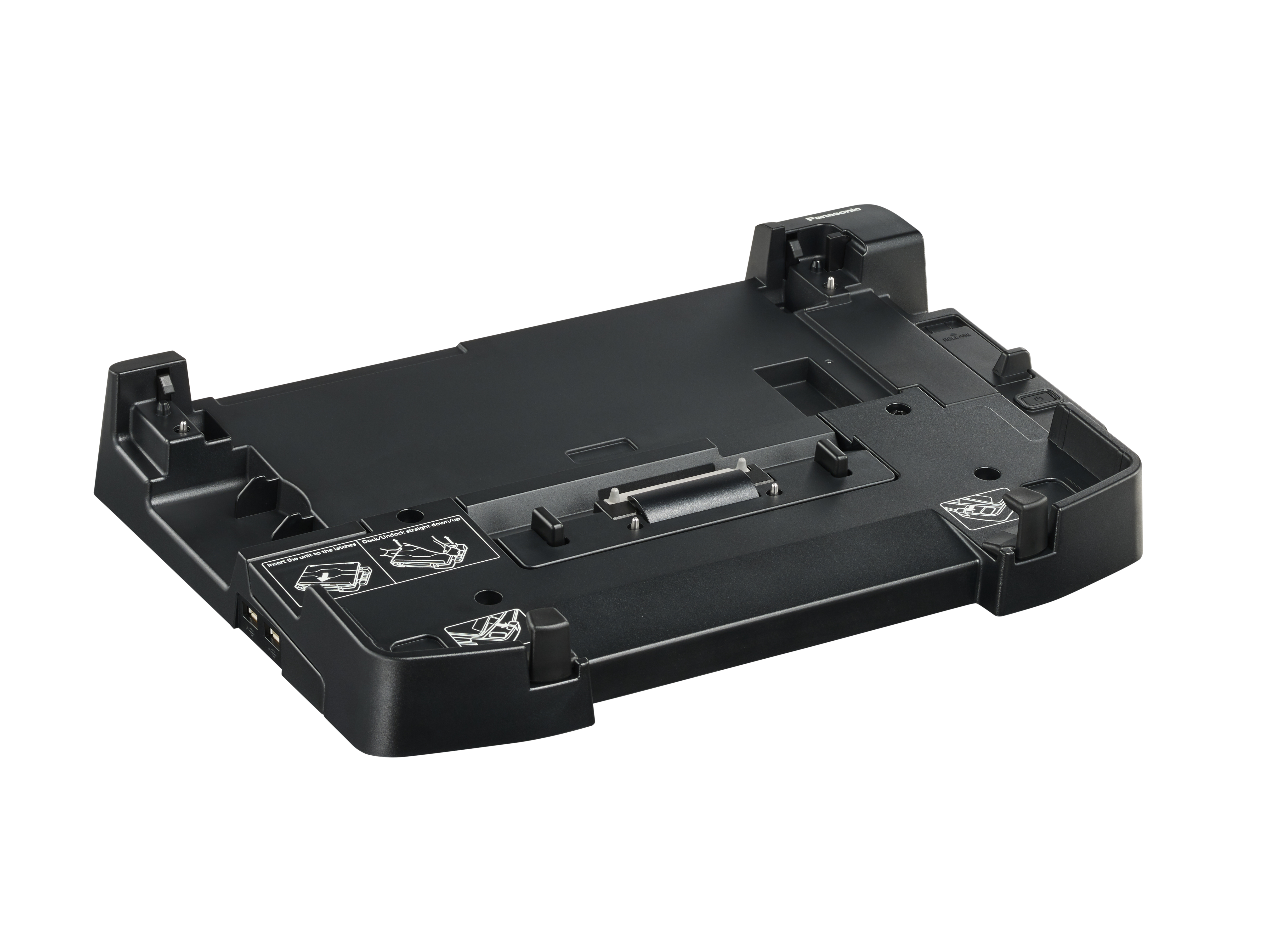 Una docking station per laptop nera. Ha più porte e slot. Il design è semplice e funzionale.