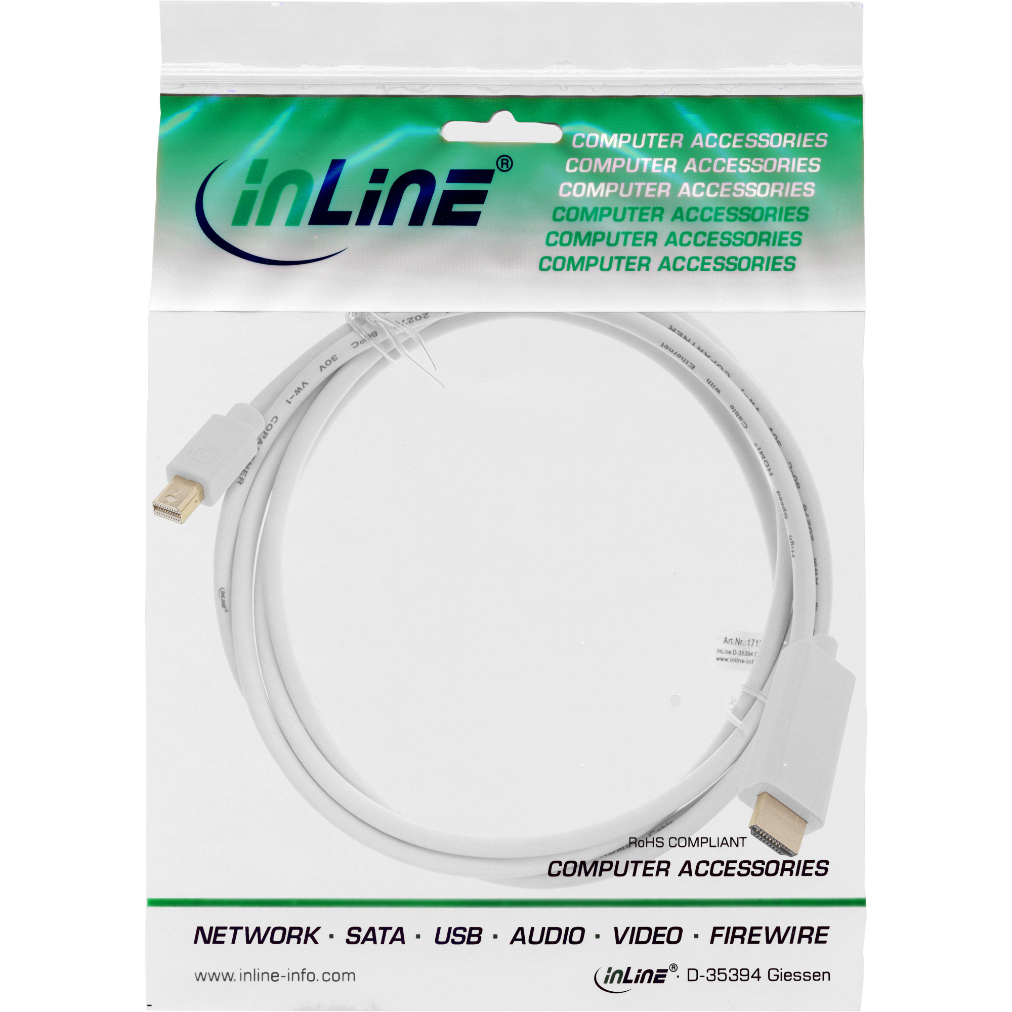 Weißes Kabel in einer Plastiktüte. Text: Computerzubehör.