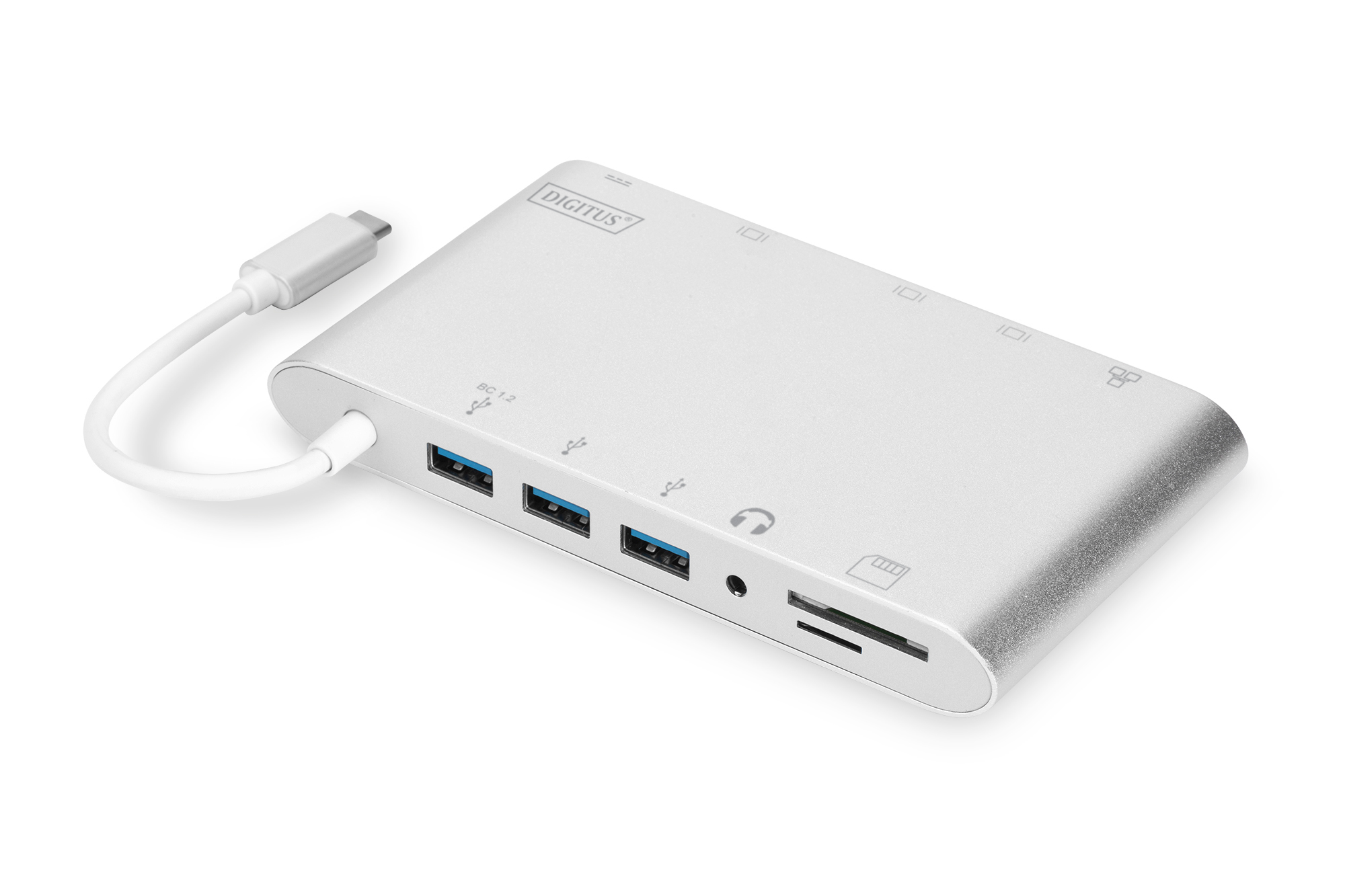 Hub argento con più porte e un cavo collegato, su sfondo bianco.