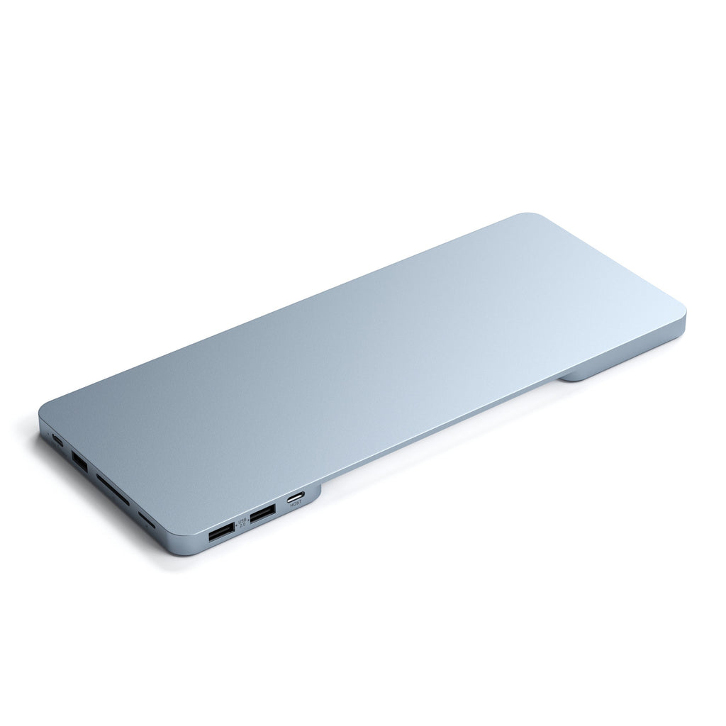Blau-grauer Laptopständer. Verfügt über mehrere Anschlüsse an der Seite.