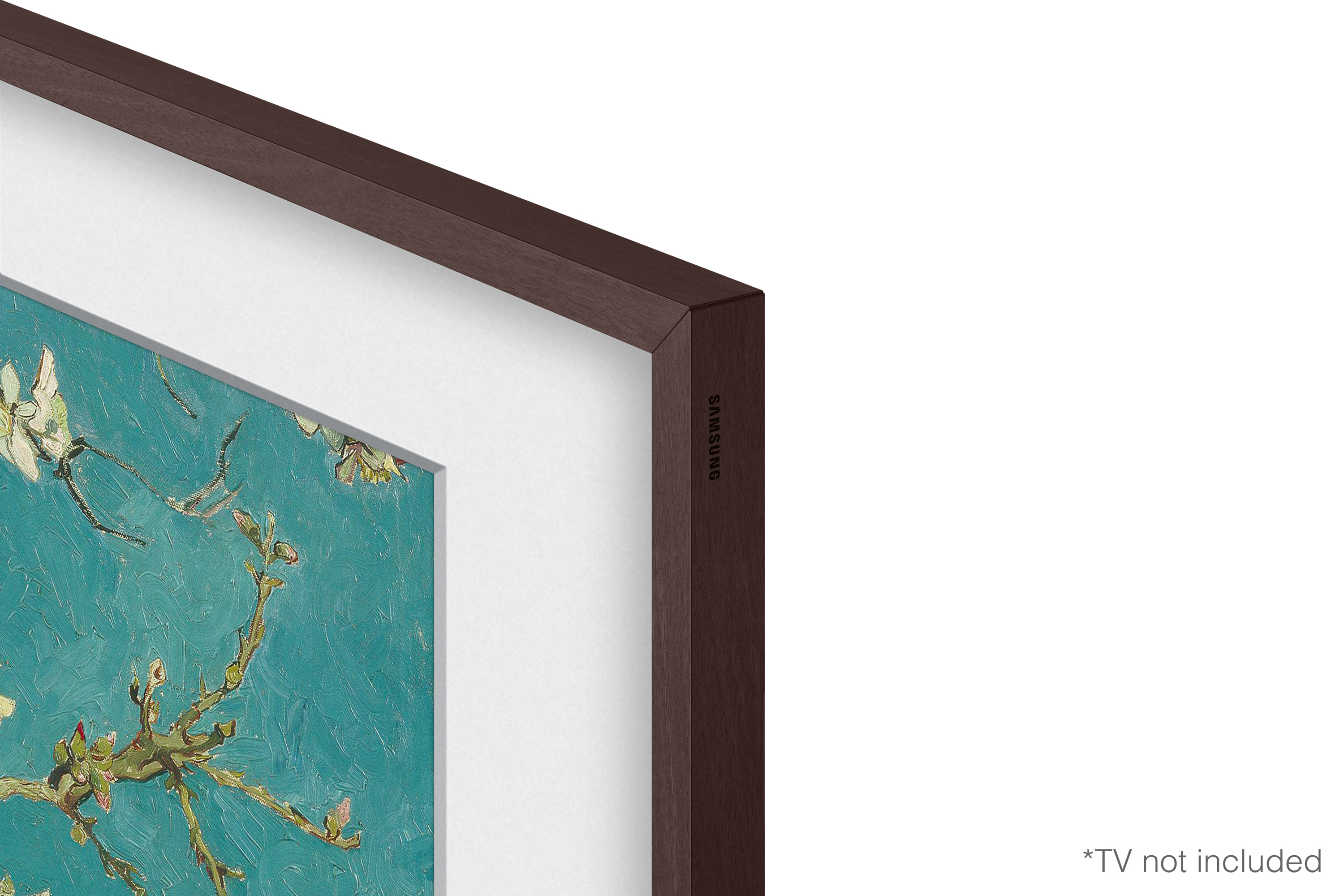 Primer plano de un televisor enmarcado con una pintura de Van Gogh, mostrando la textura del marco y la obra de arte.
