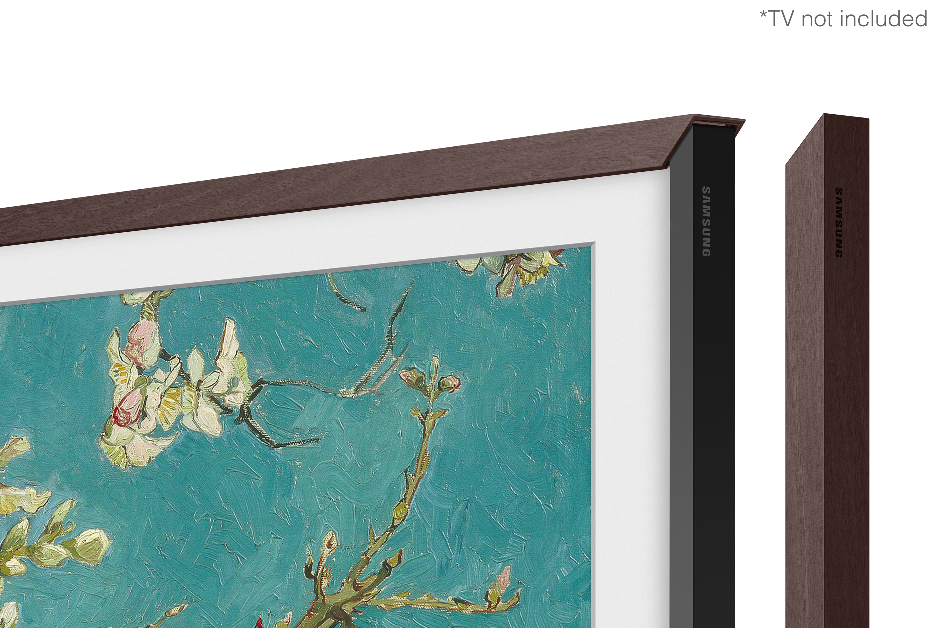 Primer plano de un televisor enmarcado con una pintura de Van Gogh, mostrando la esquina del marco y una pieza de marco separada.