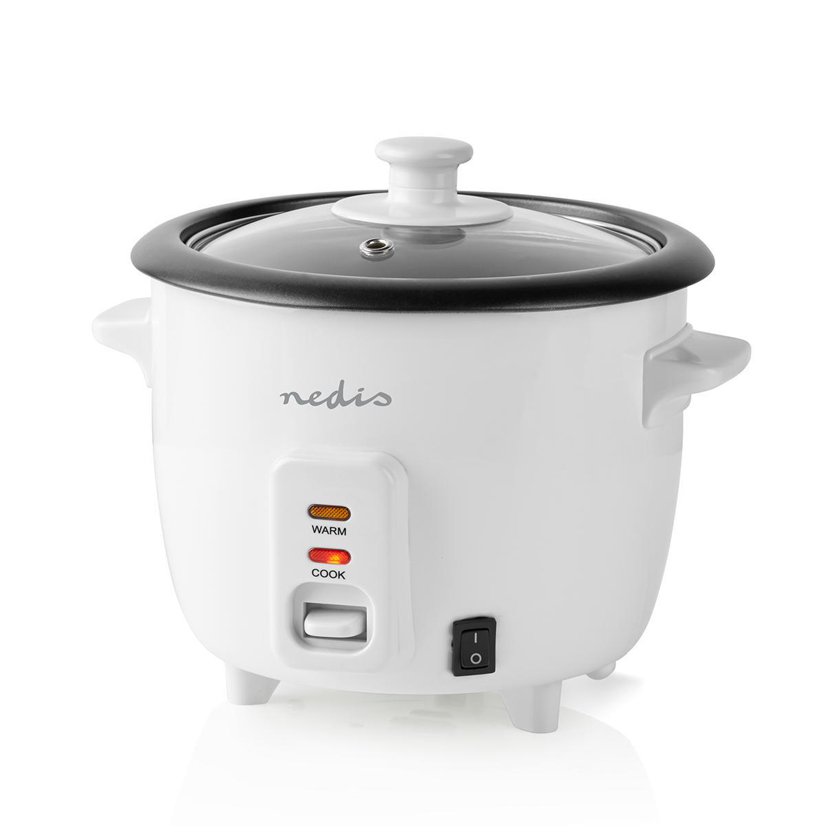 Cuociriso bianco con coperchio trasparente. Ha spie di mantenimento in caldo e cottura e un interruttore frontale.