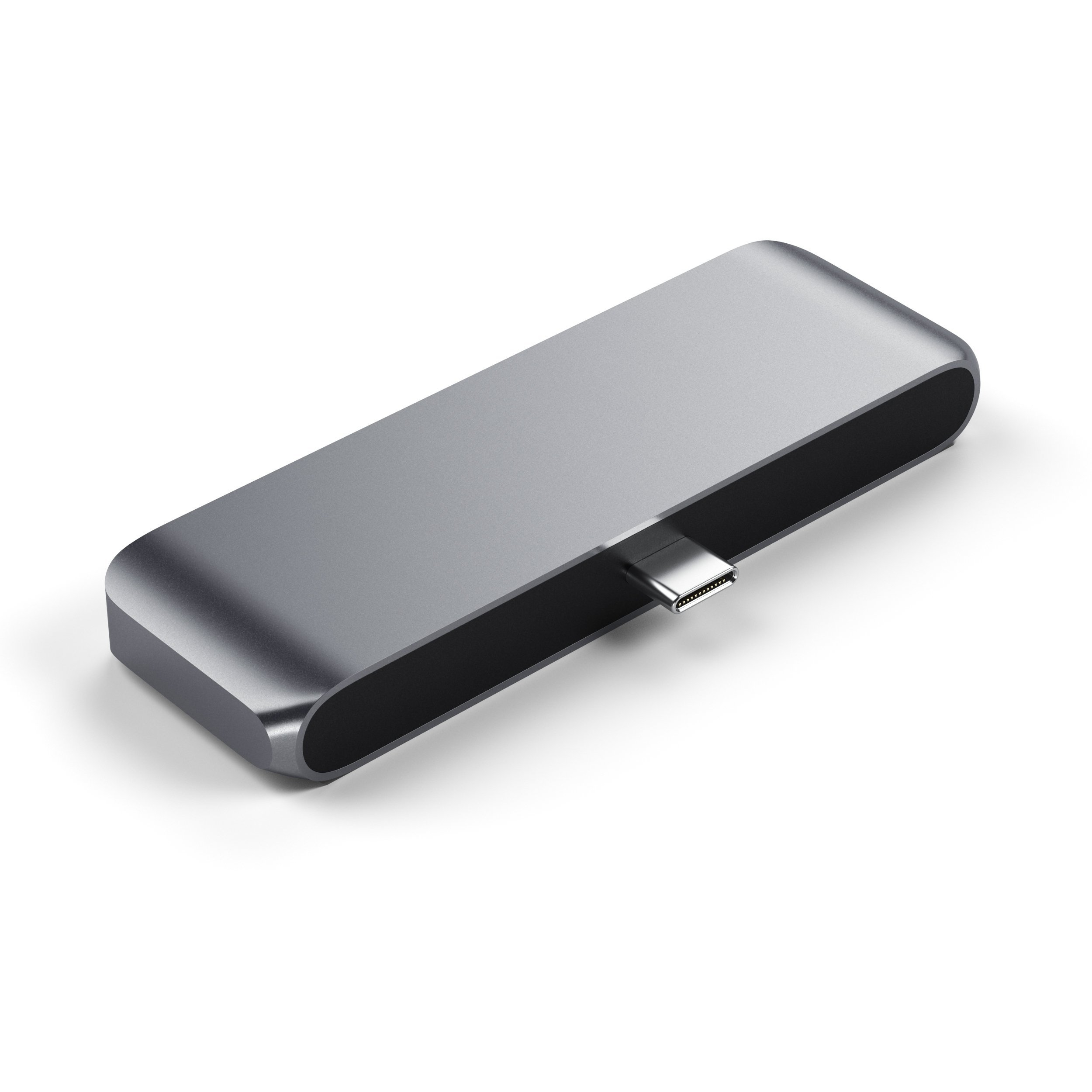 Hub USB-C argentato con un design elegante e arrotondato su sfondo bianco.