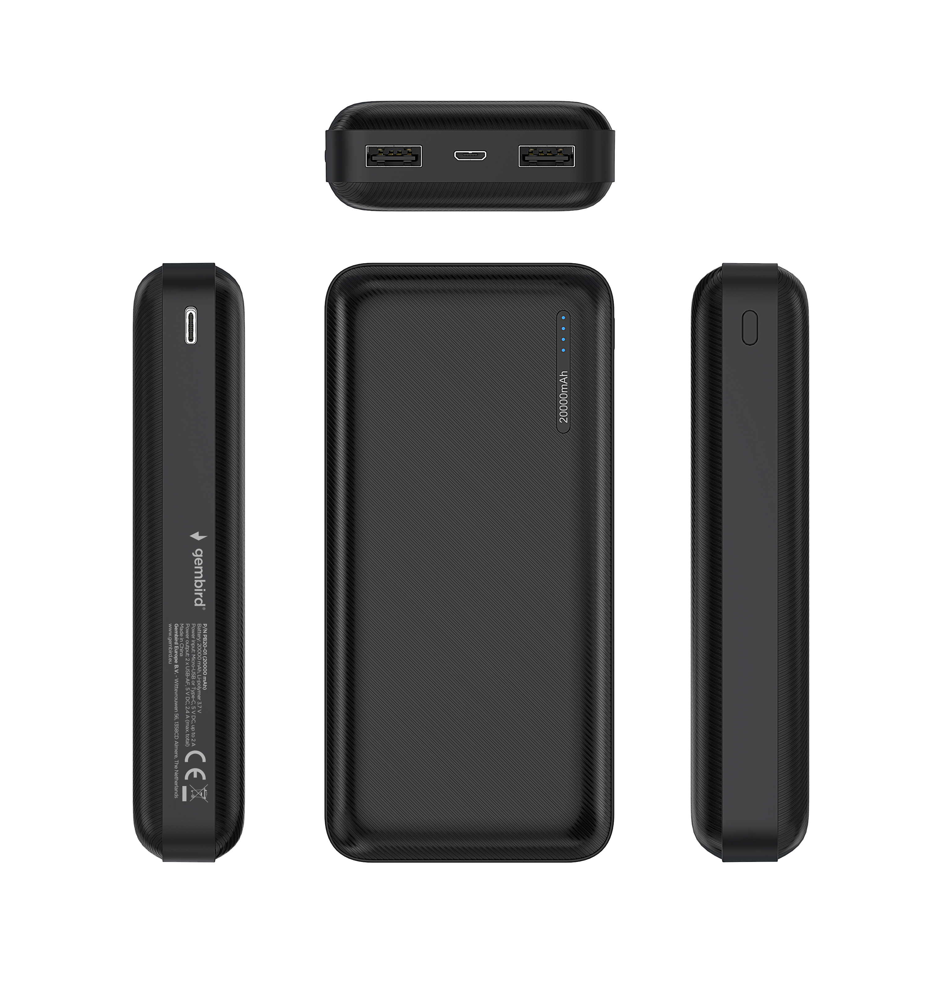 Power bank nero con trama in fibra di carbonio, ha più porte. Viste dall'alto, frontale e laterale.