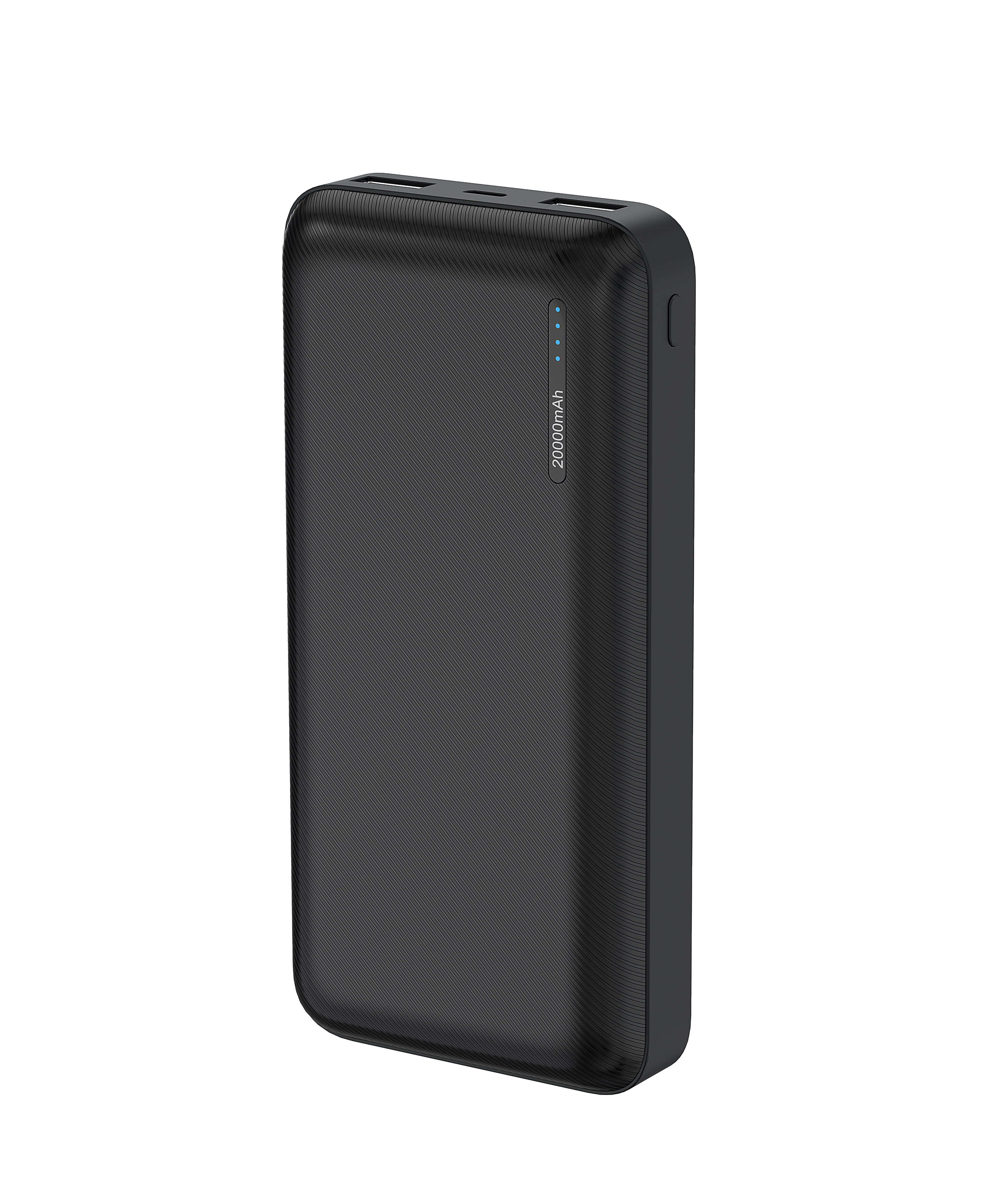 Power bank nera con superficie strutturata e quattro luci LED blu.
