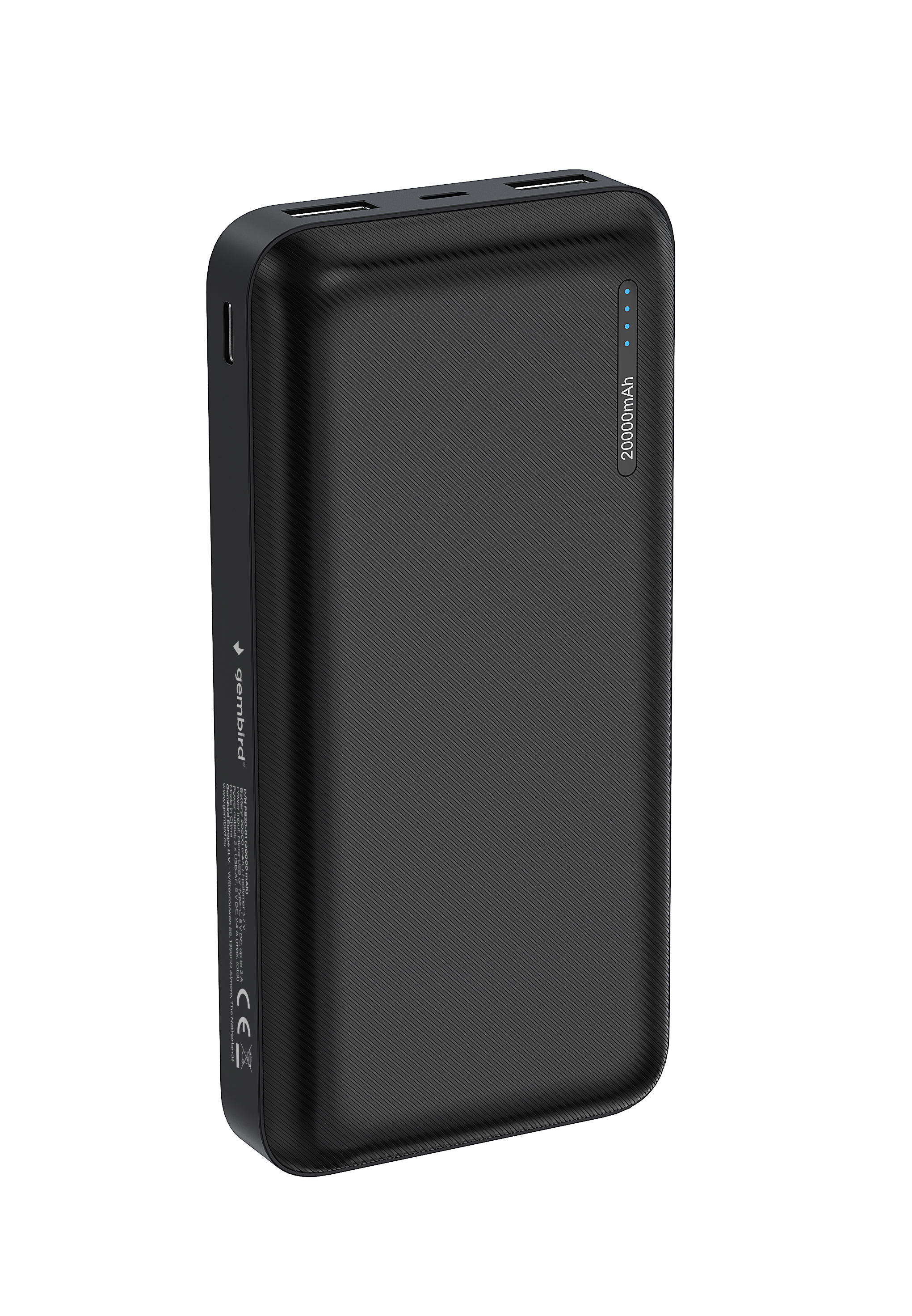 Power bank nero con una superficie strutturata. Ha un display che mostra il livello di carica. 20000 mAh.