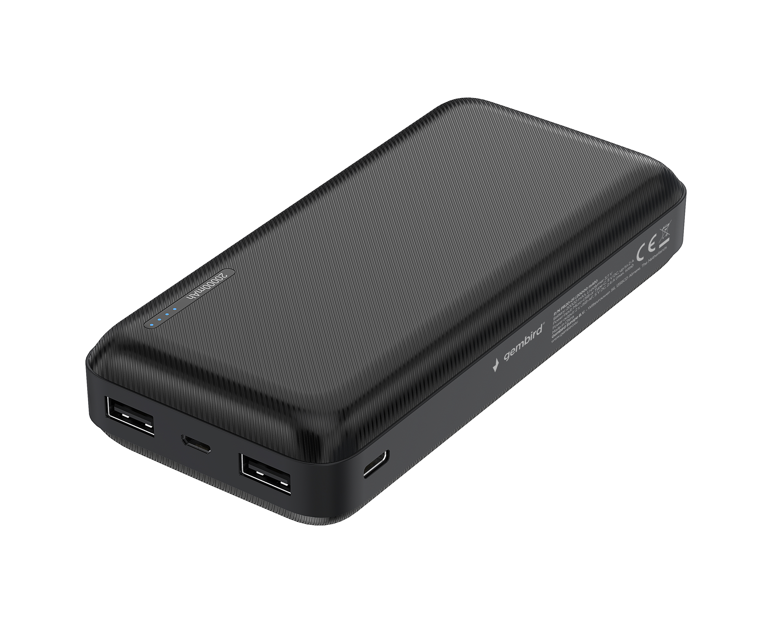 Power bank nero con più porte e logo 'gembird'. Superficie testurizzata.