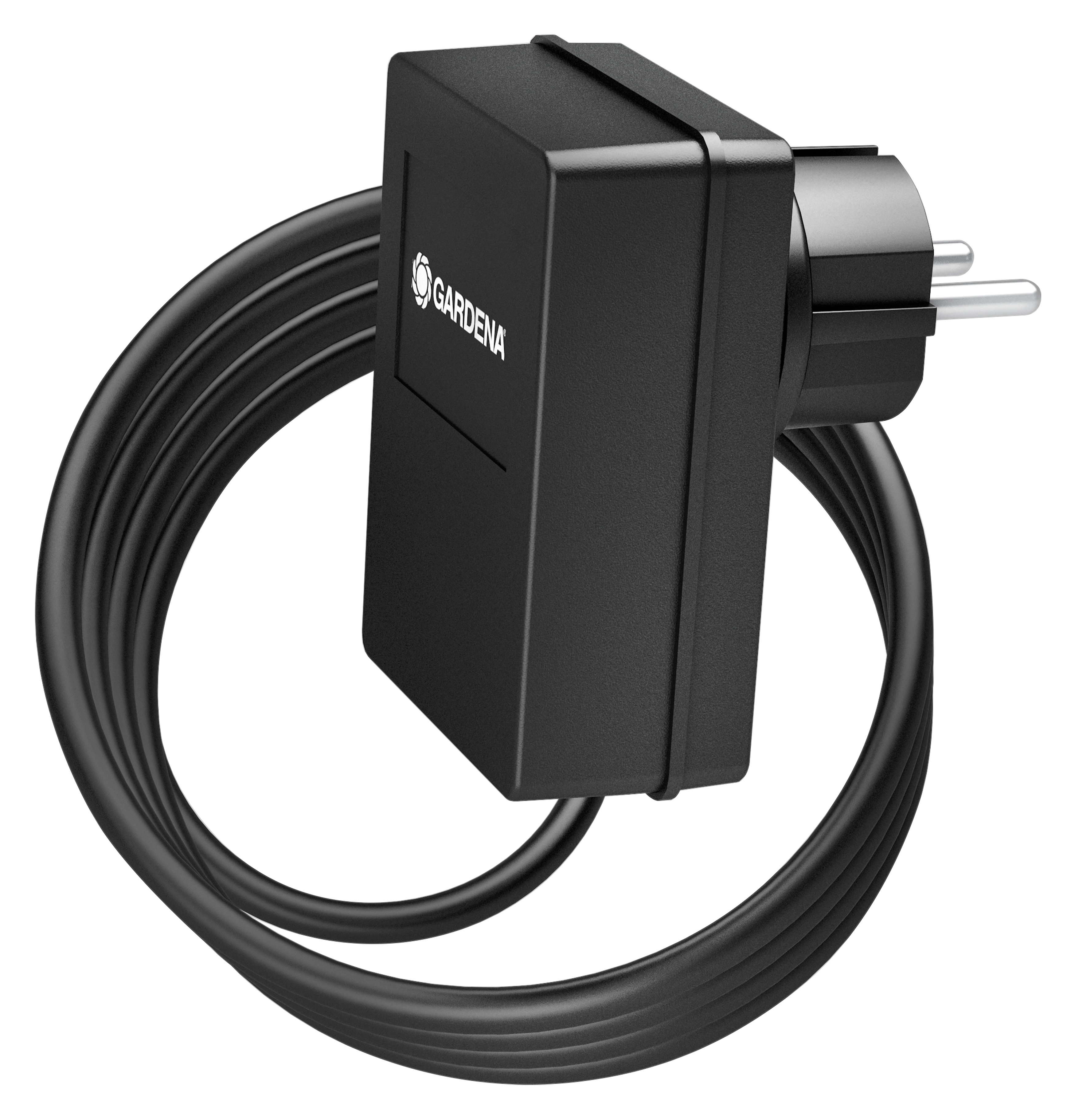 Czarny zasilacz Gardena z dołączonym czarnym kablem i wtyczką.