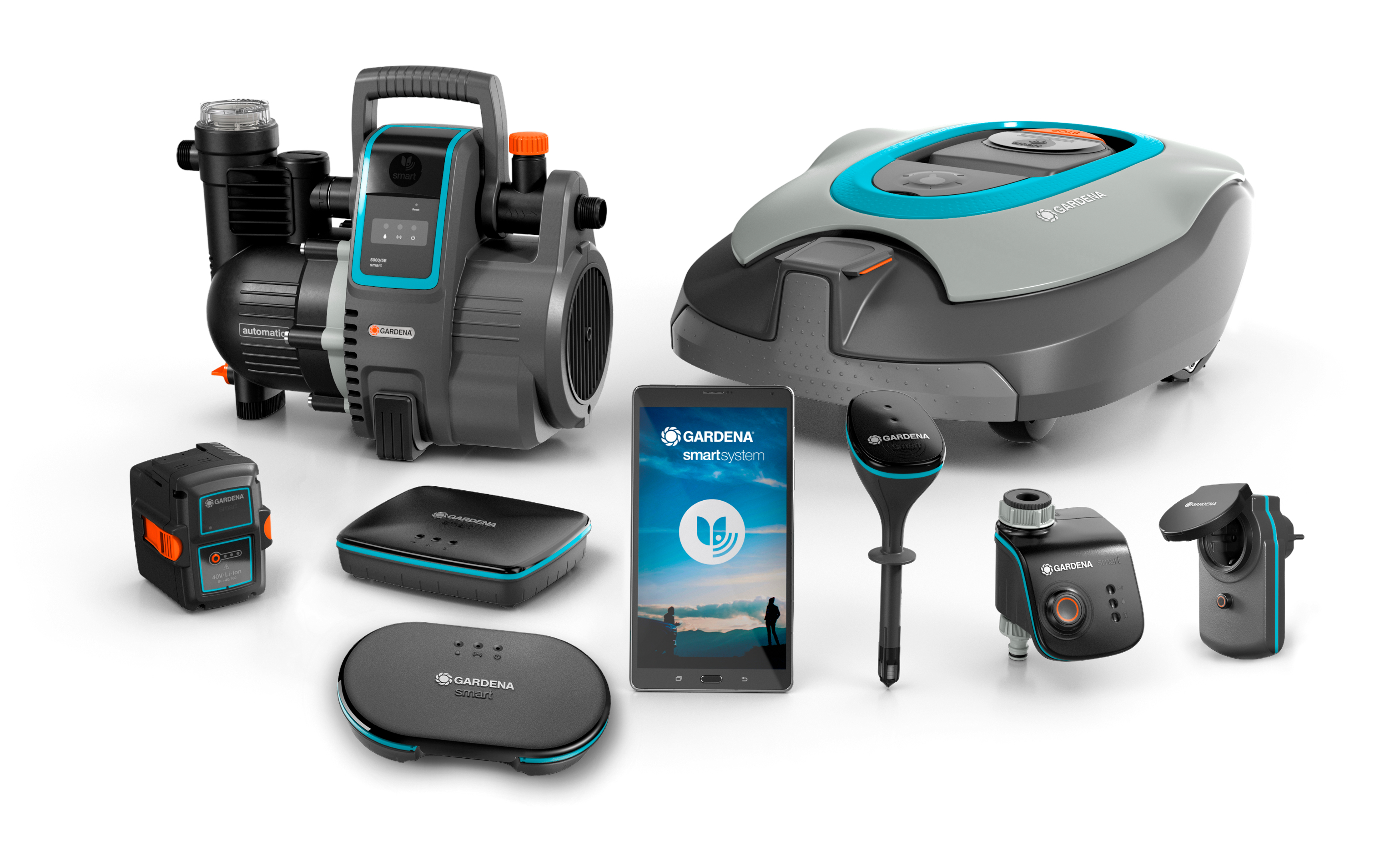 Różne urządzenia smart home, w tym pompa, kosiarka robot.