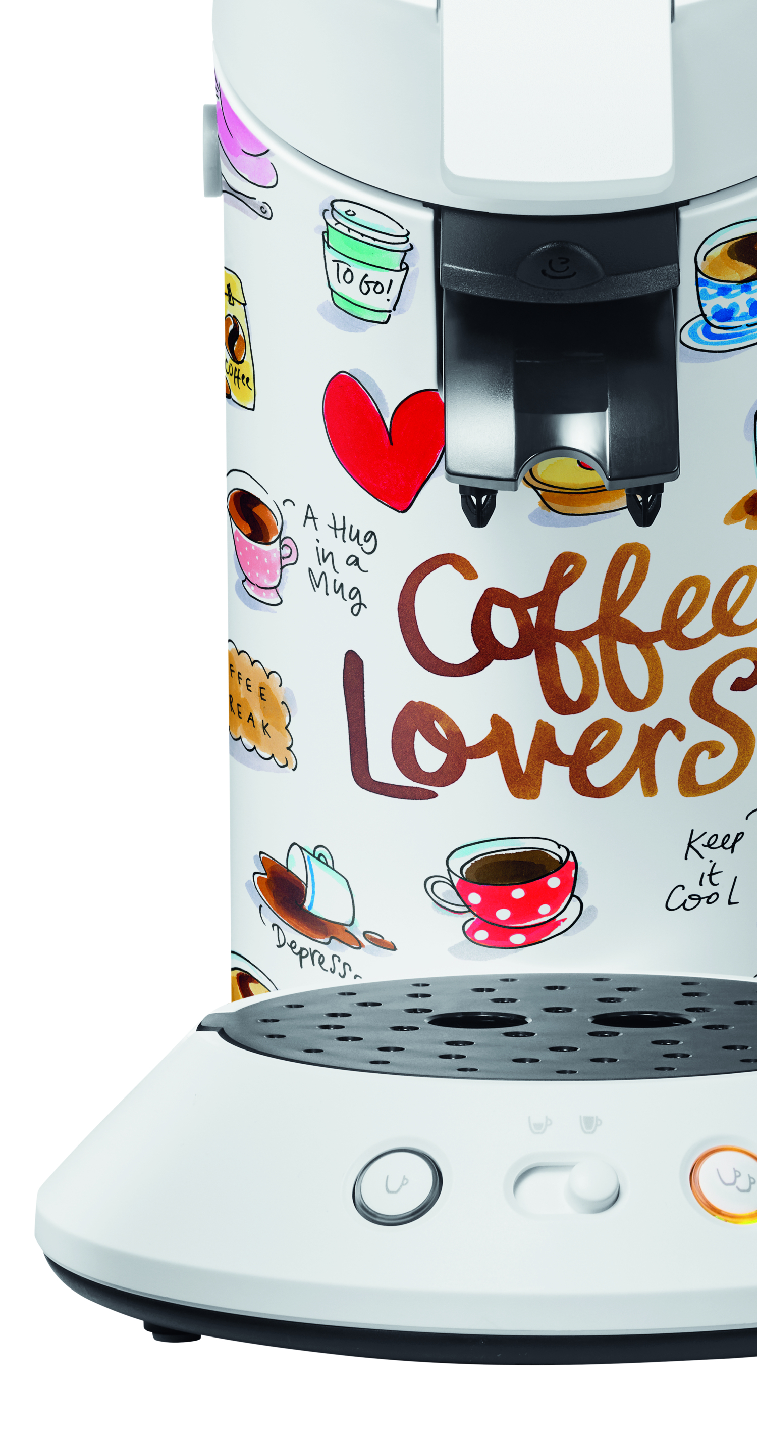 Macchina del caffè con disegni di tazze e scritta 'Coffee Lovers'.