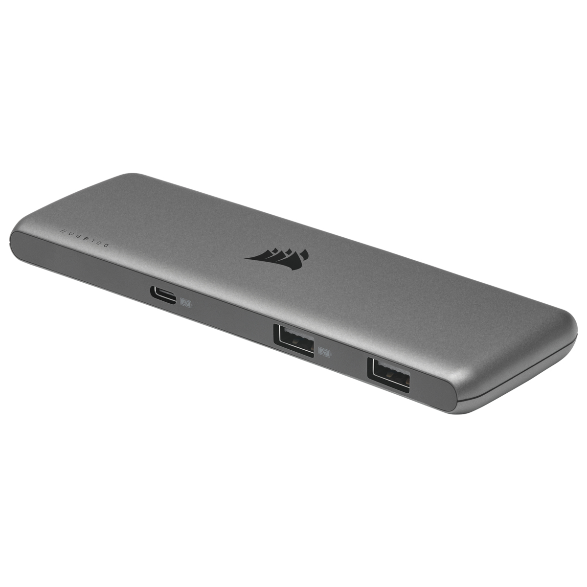 Hub USB-C grigio con tre porte USB e logo Corsair.