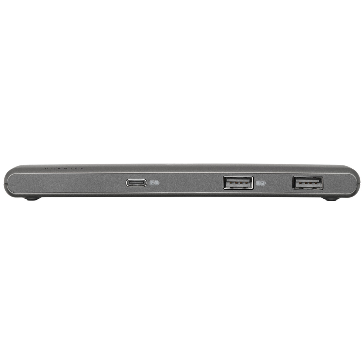 Un hub USB grigio con più porte USB e una porta USB-C su sfondo bianco.