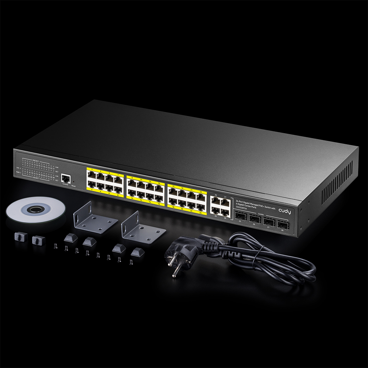 Switch di rete nero. Include vari accessori su una superficie nera.