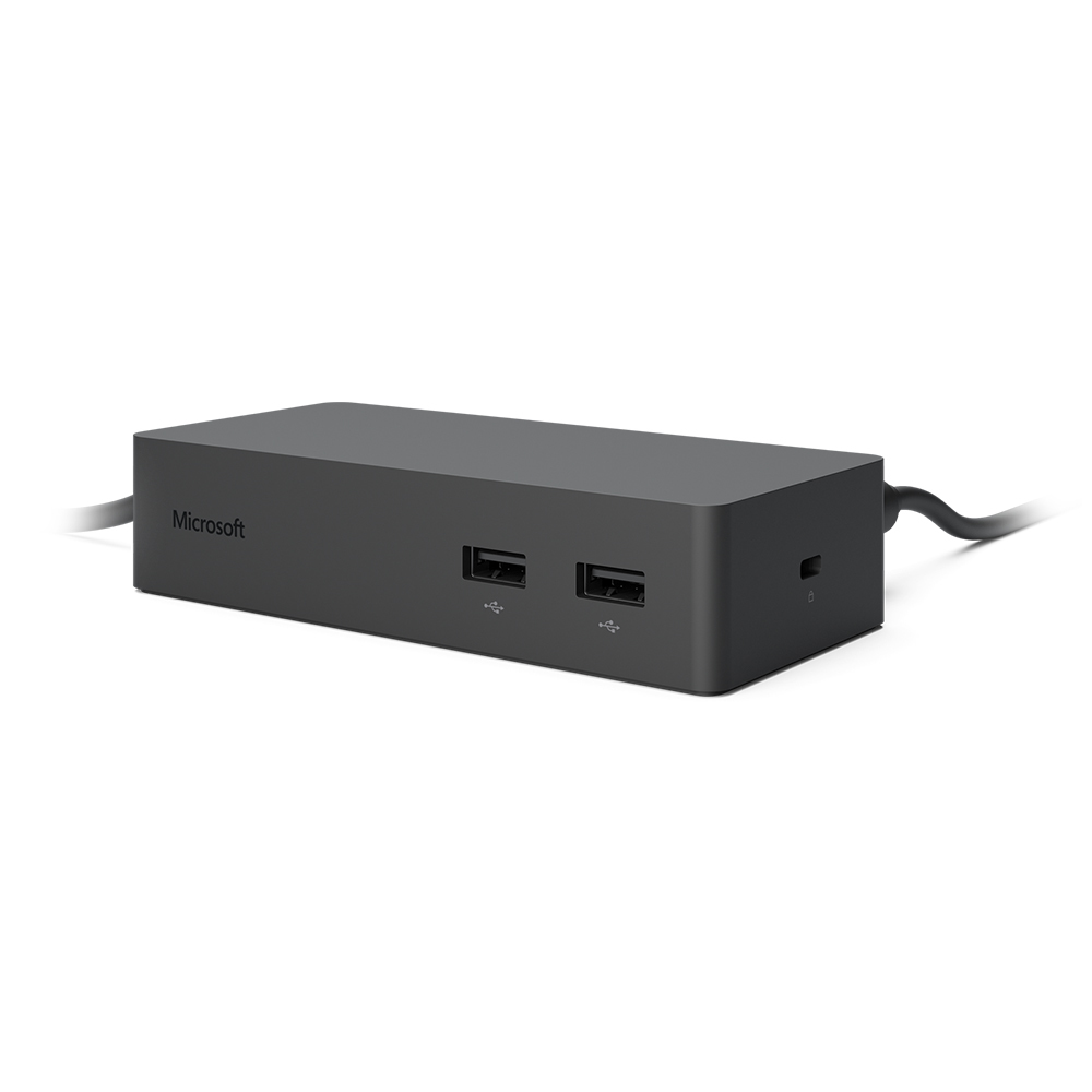Eine dunkelgraue Microsoft-Dockingstation mit USB-Anschlüssen.