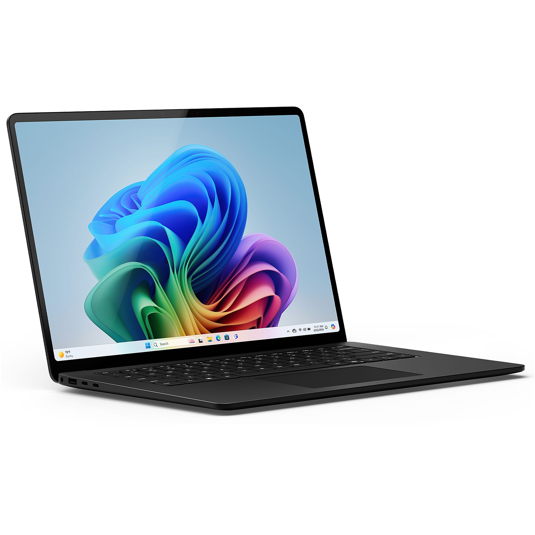 Laptop nero con schermo astratto colorato. Aperto ad angolo su sfondo bianco.