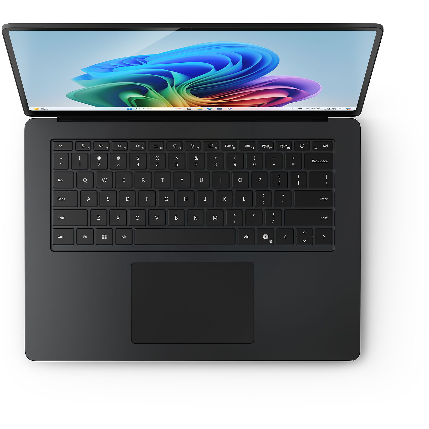 Laptop nero, vista dall'alto, che mostra tastiera, touchpad e schermo con immagine colorata.